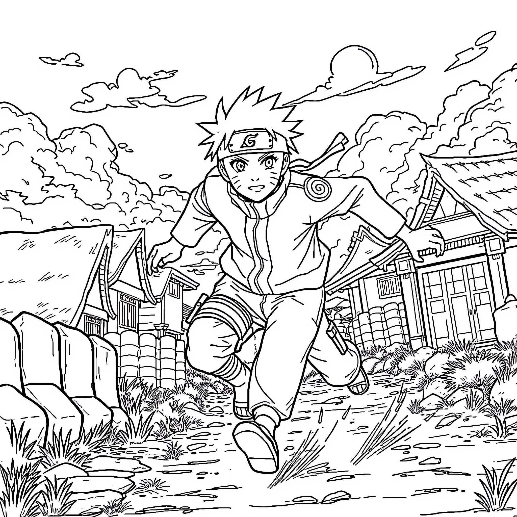 Naruto running through the village with determination Coloring Page (free black-and-white line drawing printable PDF for all, from beginners to advanced learners, including children, teens, adults, and seniors)