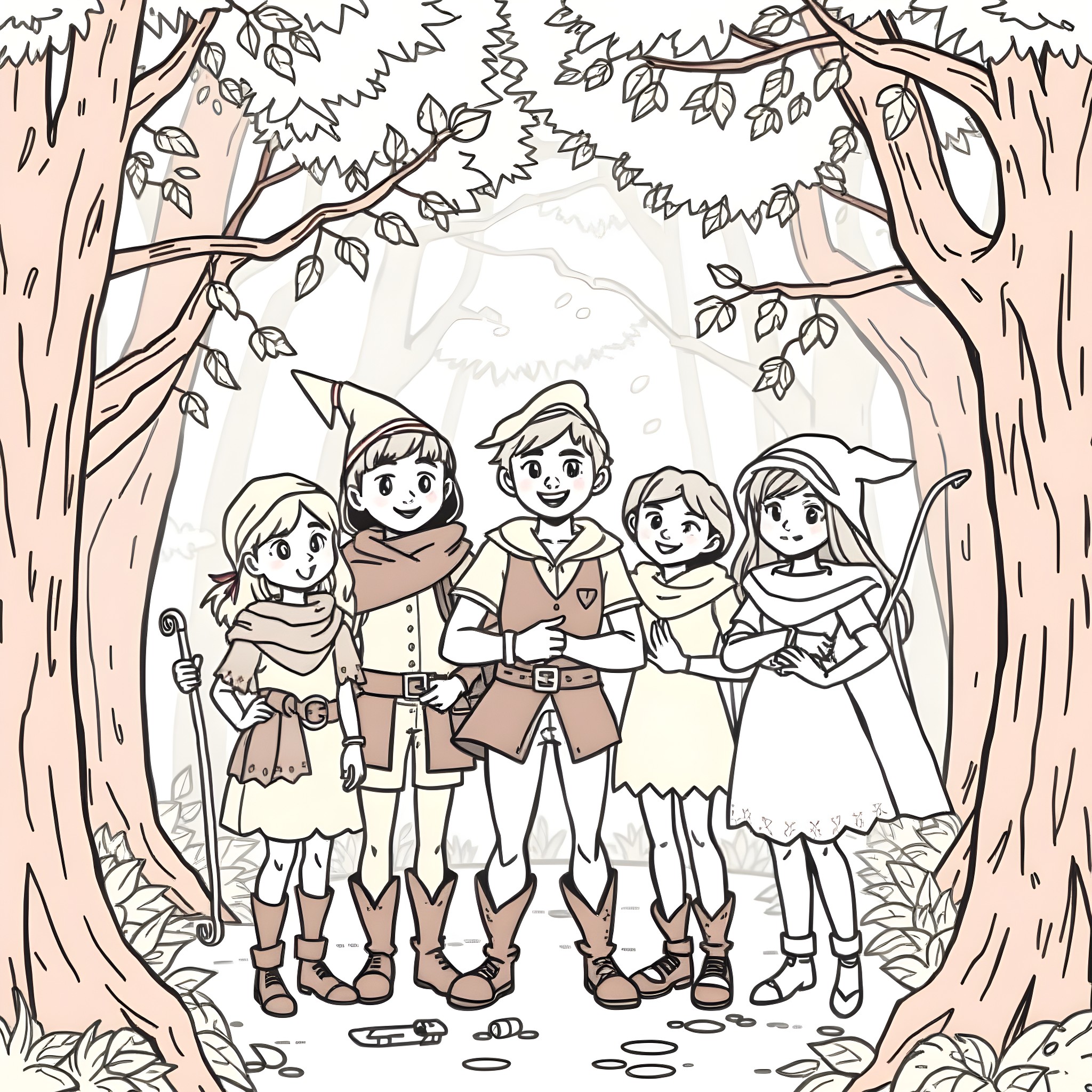 Robin Hood and his merry companions in the forest Coloring Page (free black-and-white line drawing printable PDF for all, from beginners to advanced learners, including children, teens, adults, and seniors)