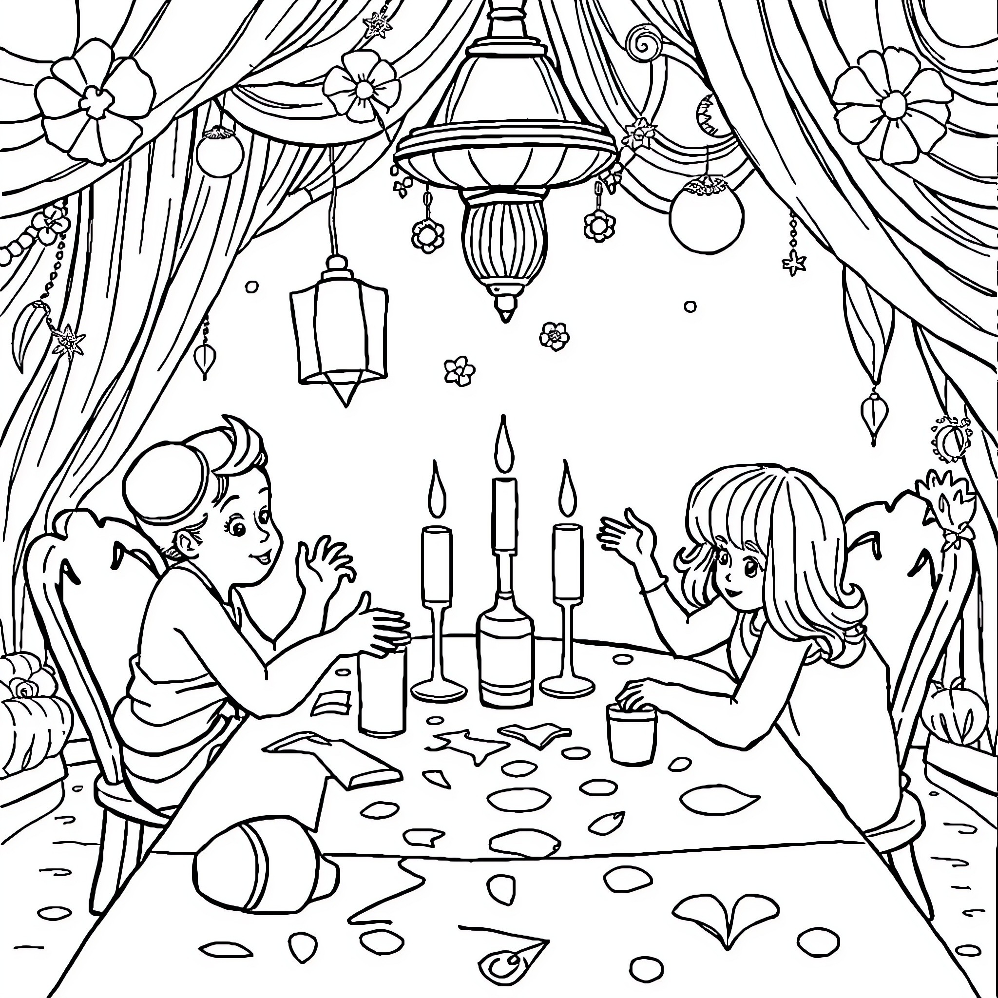 Board Game with Friends Gathered Around Candlelight Coloring Page (free black-and-white line drawing printable PDF for all, from beginners to advanced learners, including children, teens, adults, and seniors)