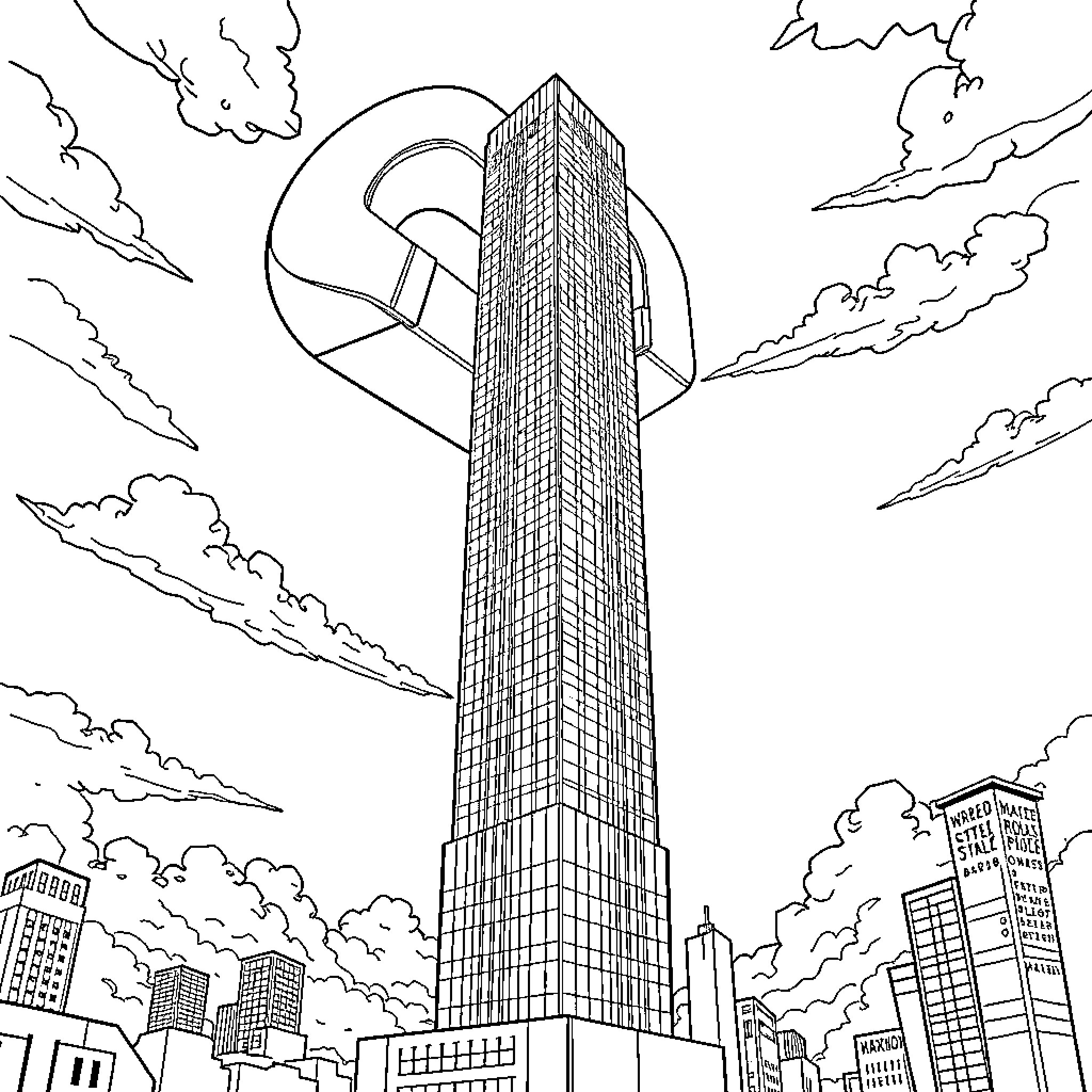 Magnet skyscraper amidst cityscape clouds Coloring Page (free black-and-white line drawing printable PDF for all, from beginners to advanced learners, including children, teens, adults, and seniors)