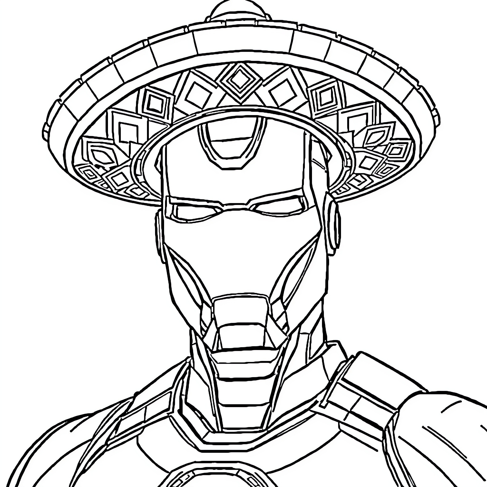 Iron Man in ornate sombrero-inspired armor Coloring Page (free black-and-white line drawing printable PDF for all, from beginners to advanced learners, including children, teens, adults, and seniors)