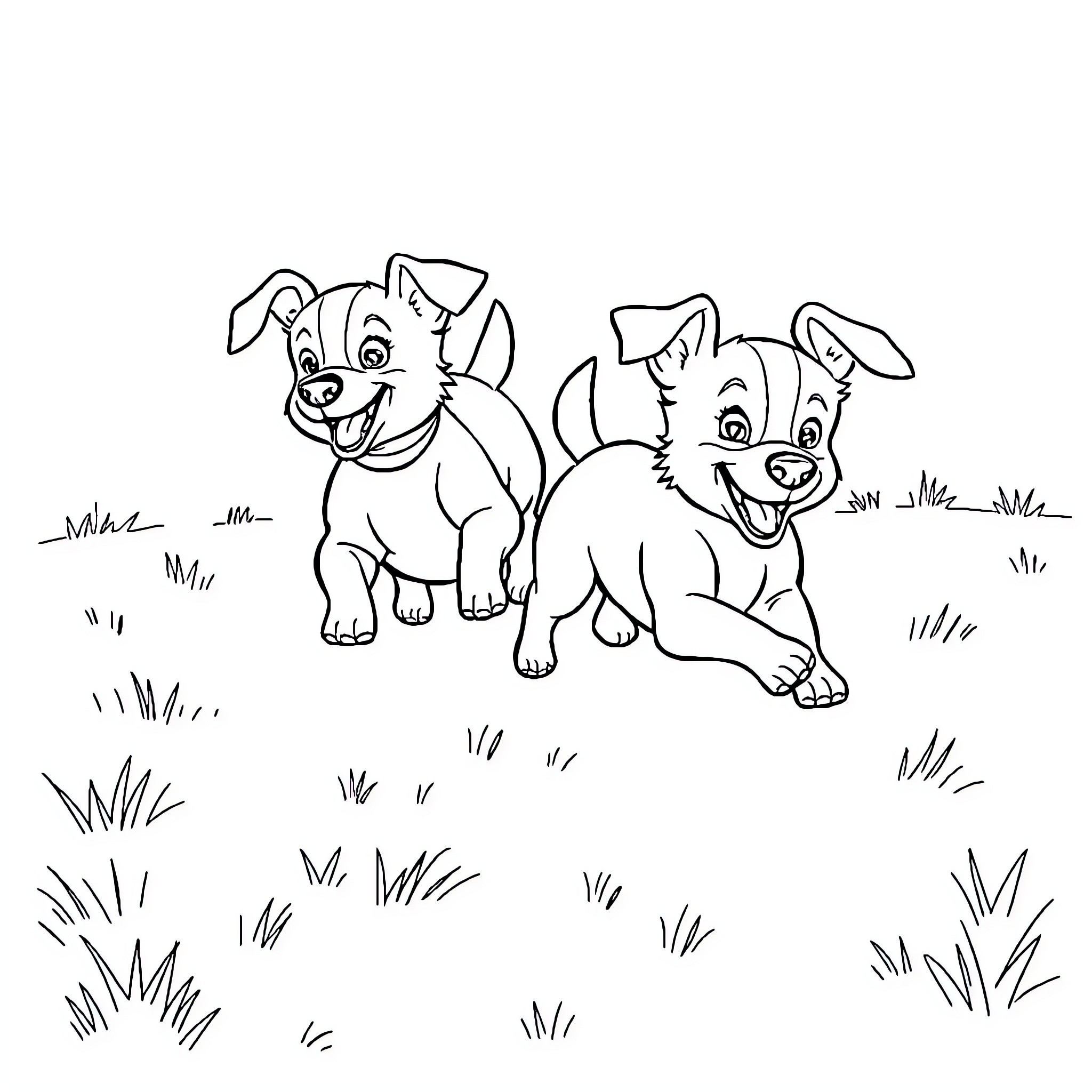 Dog companions playing joyfully in the field Coloring Page (free black-and-white line drawing printable PDF for all, from beginners to advanced learners, including children, teens, adults, and seniors)