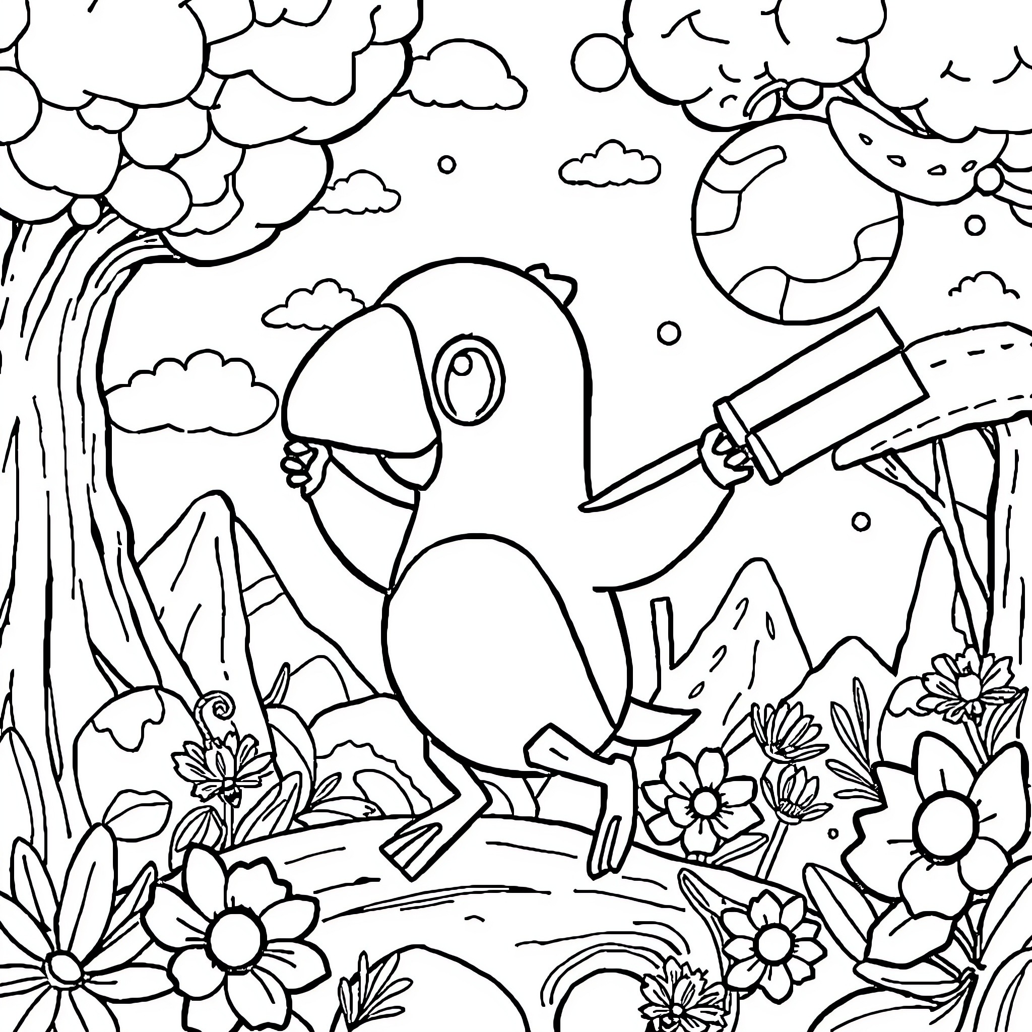 Duck splashing happily in the garden Coloring Page (free black-and-white line drawing printable PDF for all, from beginners to advanced learners, including children, teens, adults, and seniors)