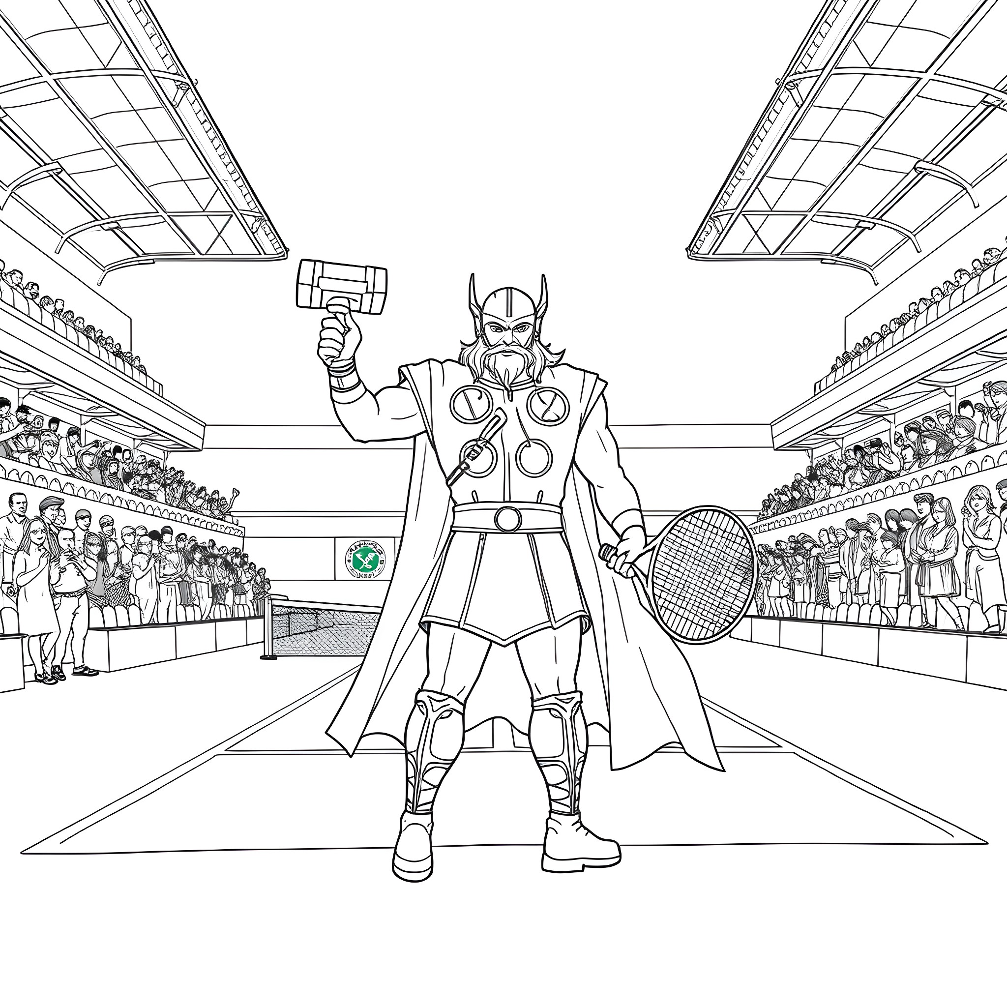 Thor Triumphant in the Arena Coloring Page (free black-and-white line drawing printable PDF for all, from beginners to advanced learners, including children, teens, adults, and seniors)