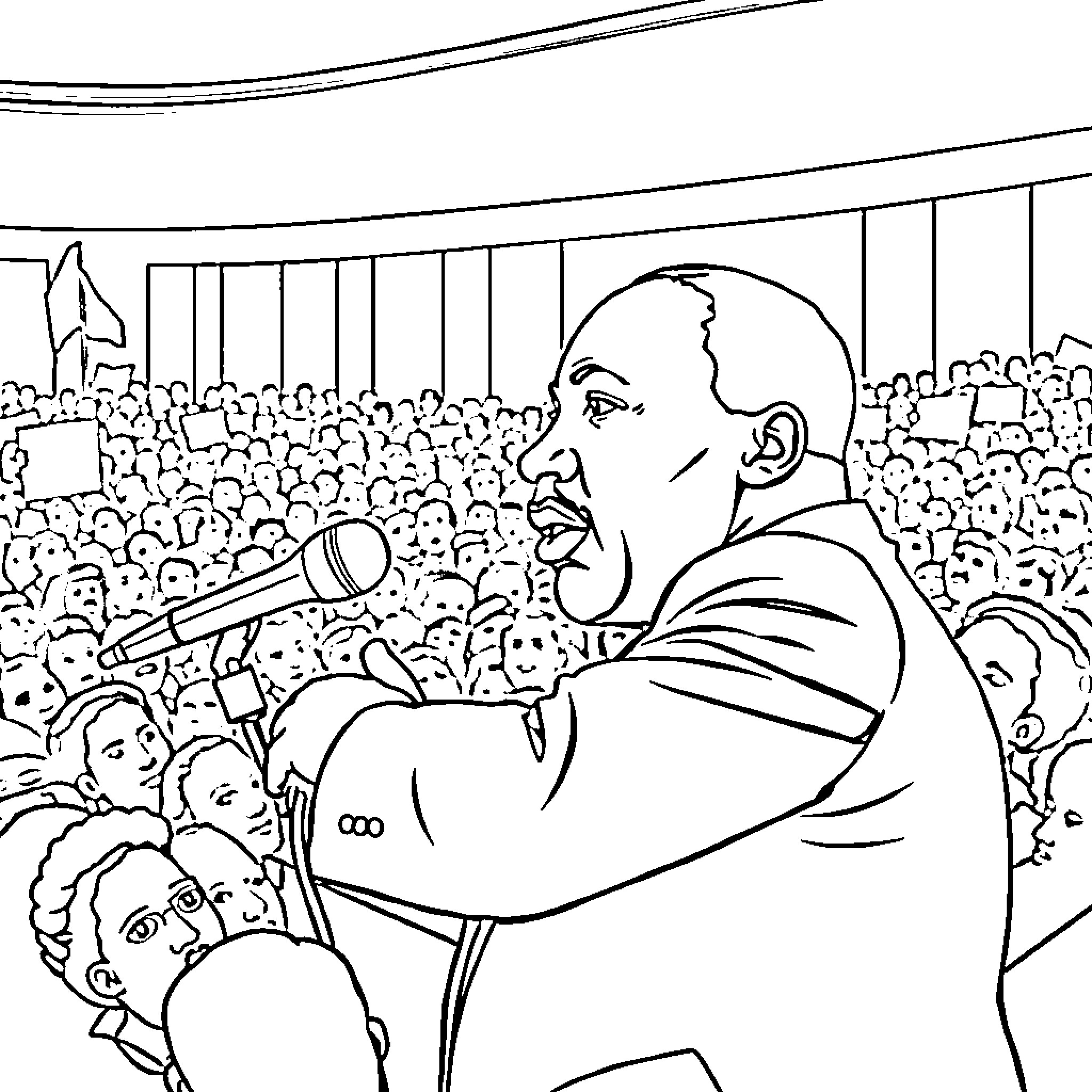 Martin Luther King Jr. Addressing Supportive Crowd Coloring Page (free black-and-white line drawing printable PDF for all, from beginners to advanced learners, including children, teens, adults, and seniors)