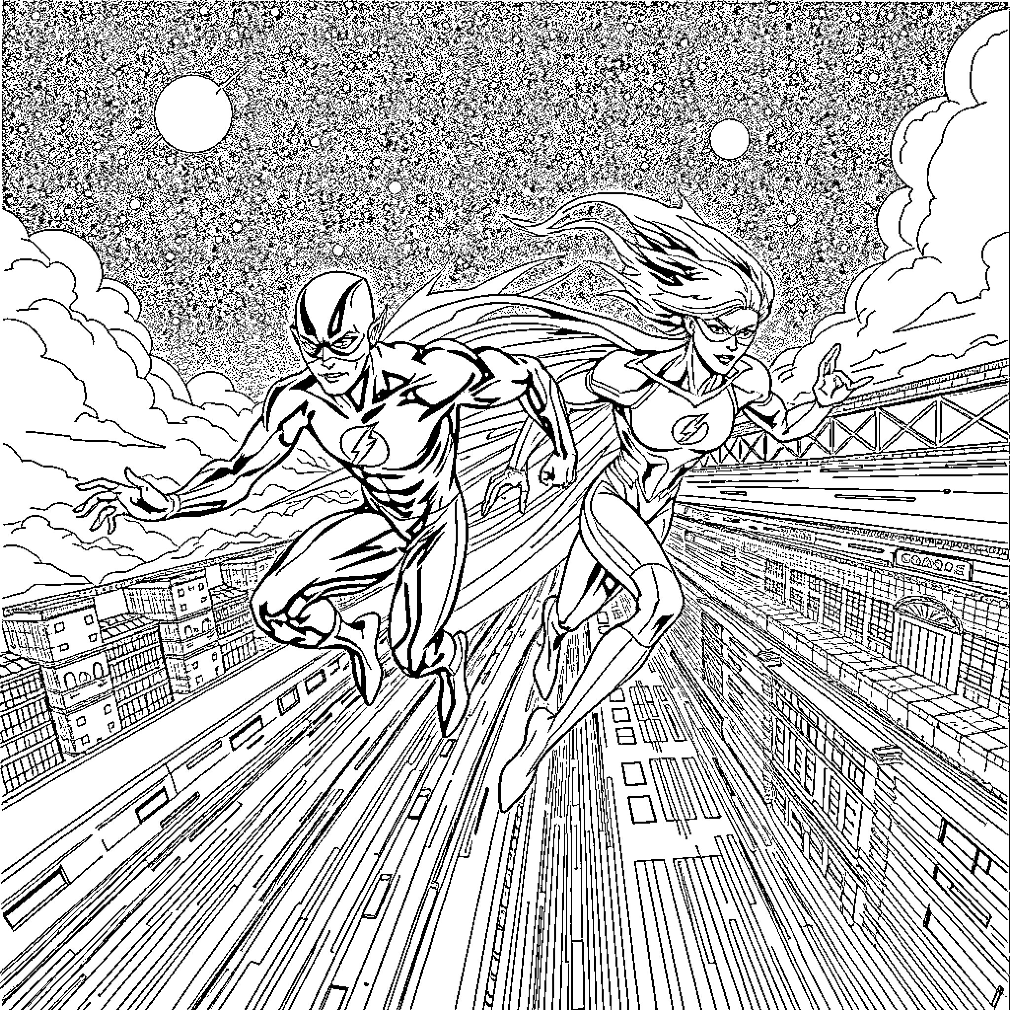Flash racing through the city at high speed Coloring Page (free black-and-white line drawing printable PDF for all, from beginners to advanced learners, including children, teens, adults, and seniors)