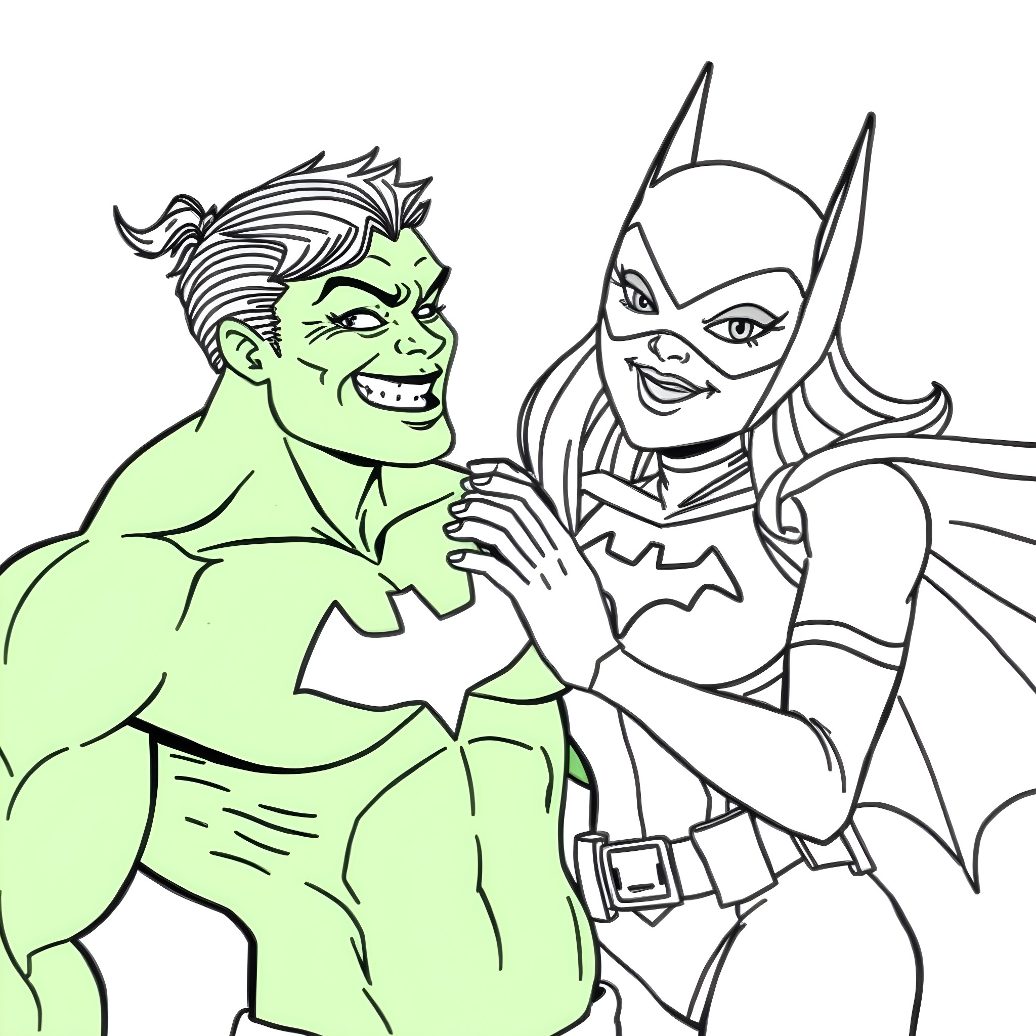 She-Hulk and Batwoman in Action Coloring Page (free black-and-white line drawing printable PDF for all, from beginners to advanced learners, including children, teens, adults, and seniors)