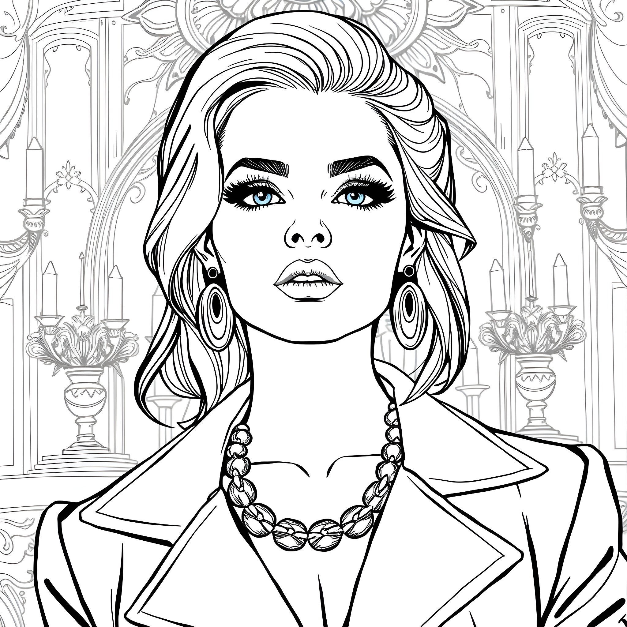 Sabrina Carpenter in glamorous portrait Coloring Page (free black-and-white line drawing printable PDF for all, from beginners to advanced learners, including children, teens, adults, and seniors)