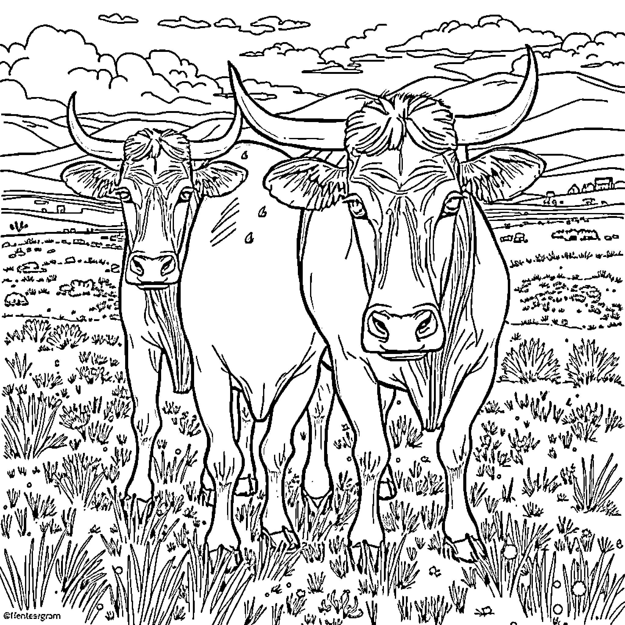 Encina Longhorns Grazing in Meadow Coloring Page (free black-and-white line drawing printable PDF for all, from beginners to advanced learners, including children, teens, adults, and seniors)