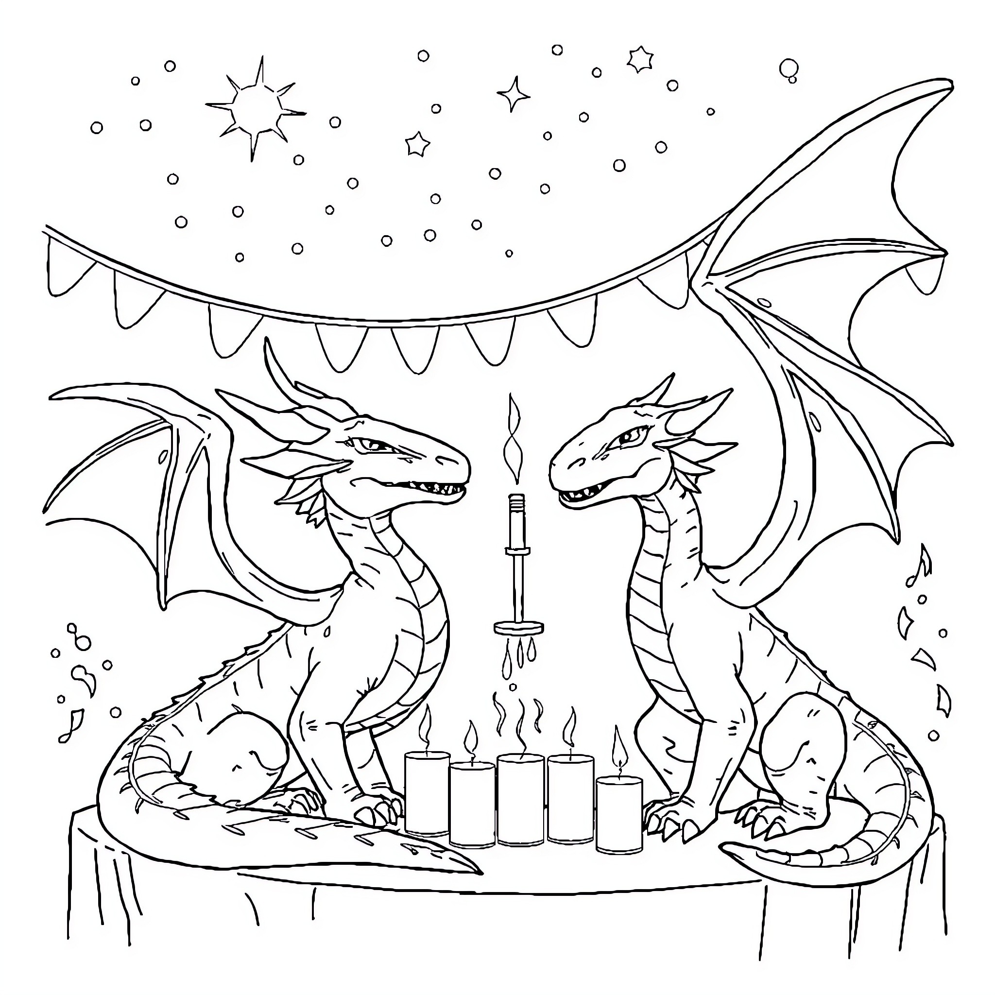 Skywing dragons celebrating a festive occasion Coloring Page (free black-and-white line drawing printable PDF for all, from beginners to advanced learners, including children, teens, adults, and seniors)