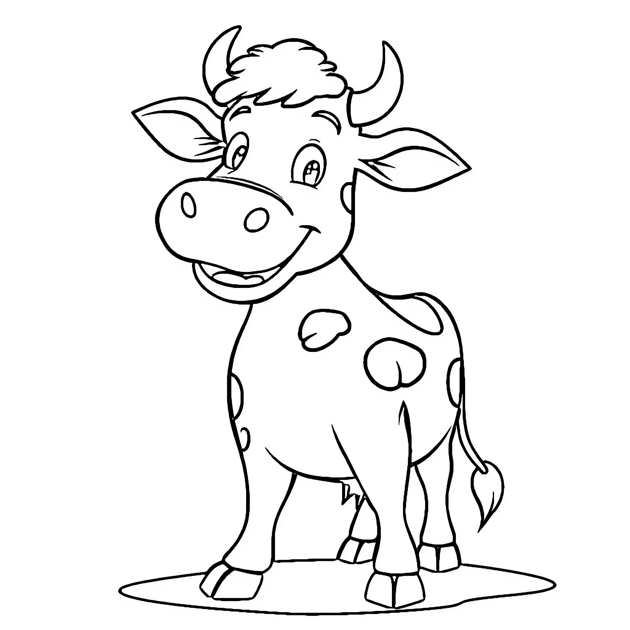 Cow with a cheerful expression Coloring Page (free black-and-white line drawing printable PDF for all, from beginners to advanced learners, including children, teens, adults, and seniors)