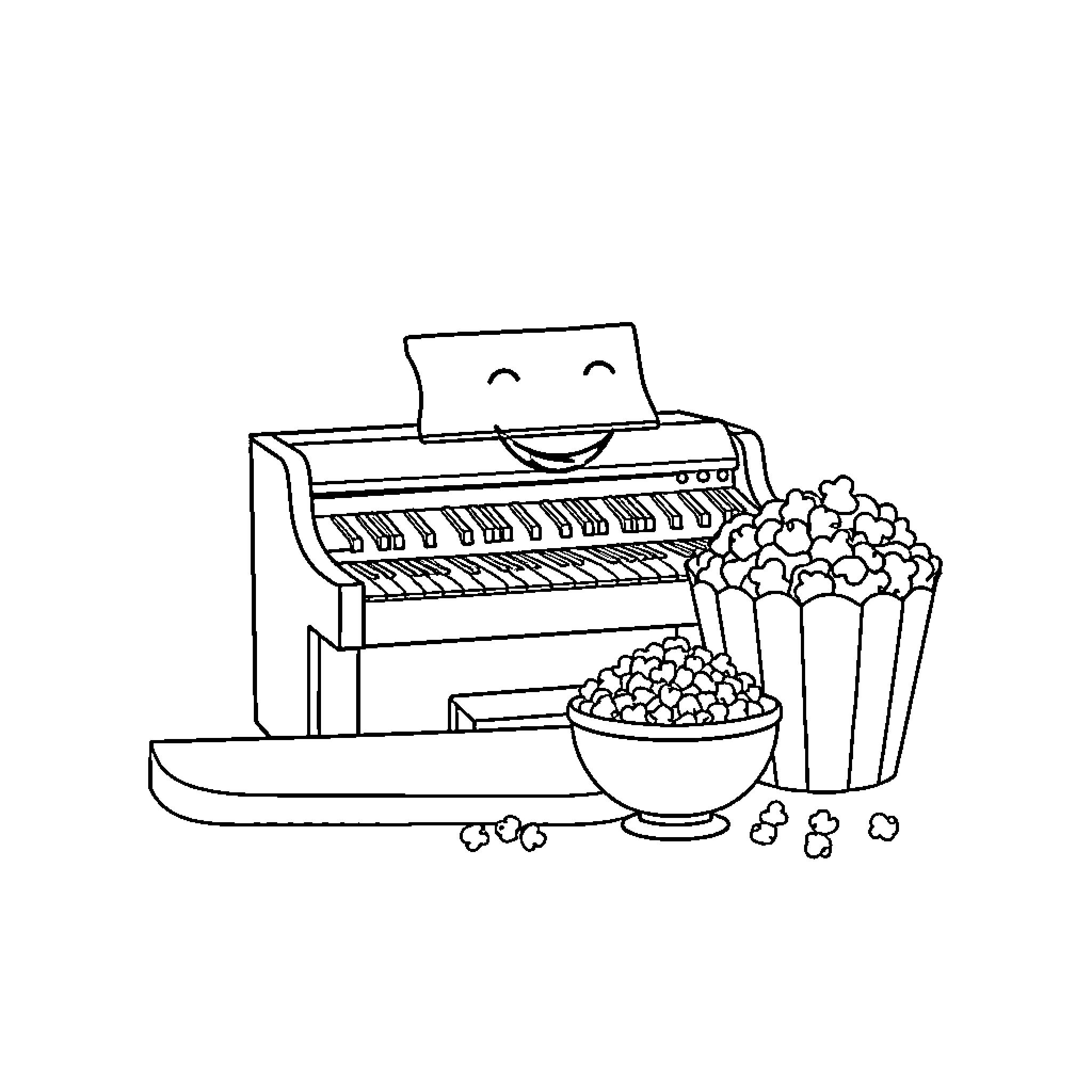 Organ Playing Joyful Music with Popcorn Snack Coloring Page (free black-and-white line drawing printable PDF for all, from beginners to advanced learners, including children, teens, adults, and seniors)