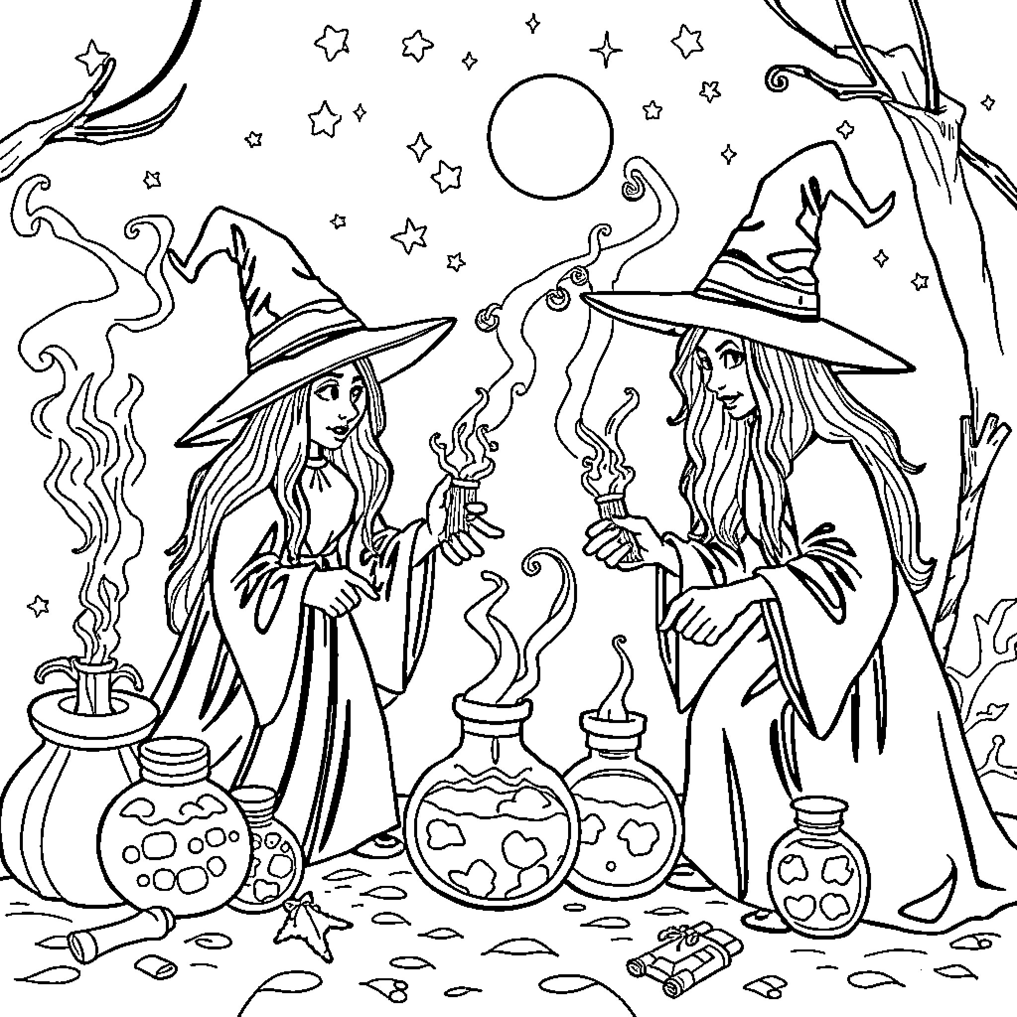 Hocus Pocus: Witches Casting Enchanting Spells Coloring Page (free black-and-white line drawing printable PDF for all, from beginners to advanced learners, including children, teens, adults, and seniors)