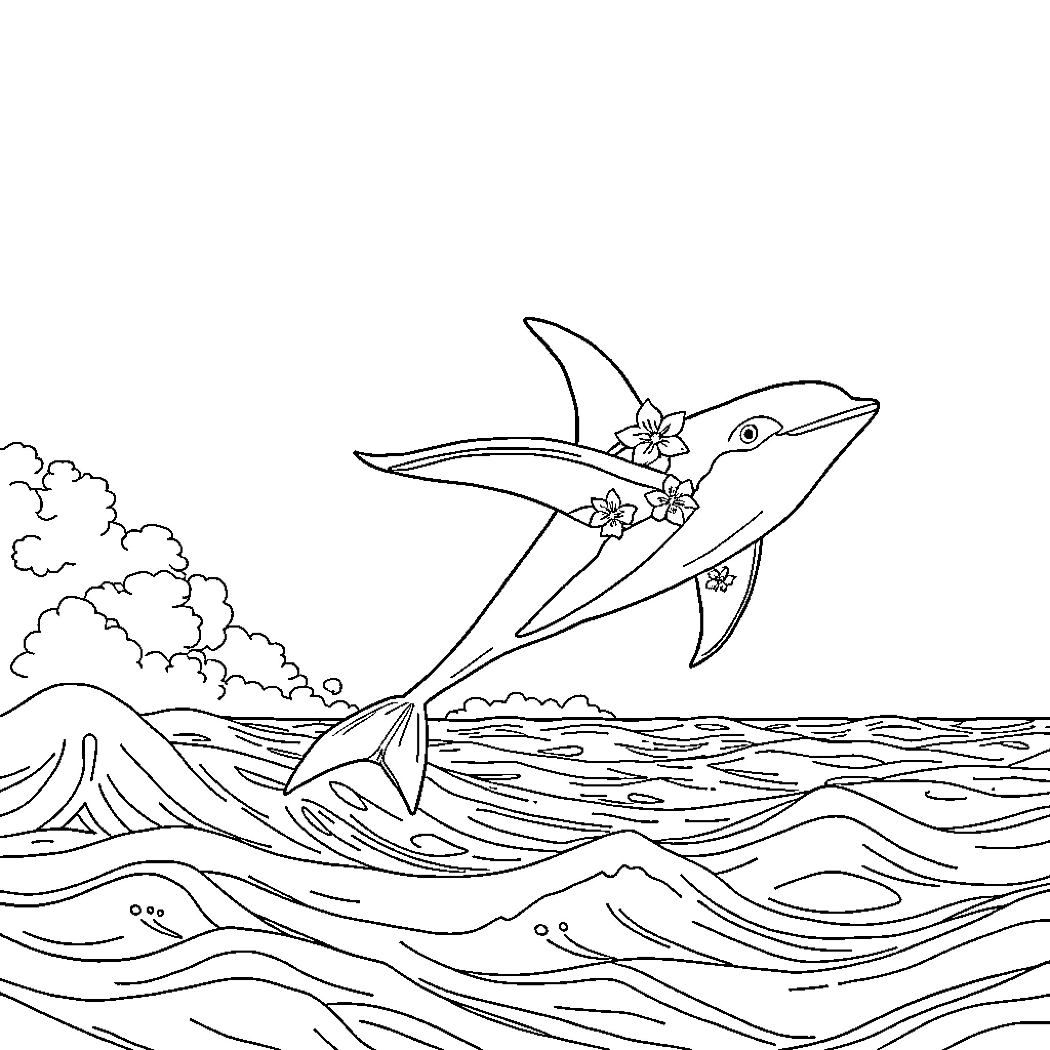 Ballena swimming joyfully in the ocean with flowers Coloring Page (free black-and-white line drawing printable PDF for all, from beginners to advanced learners, including children, teens, adults, and seniors)