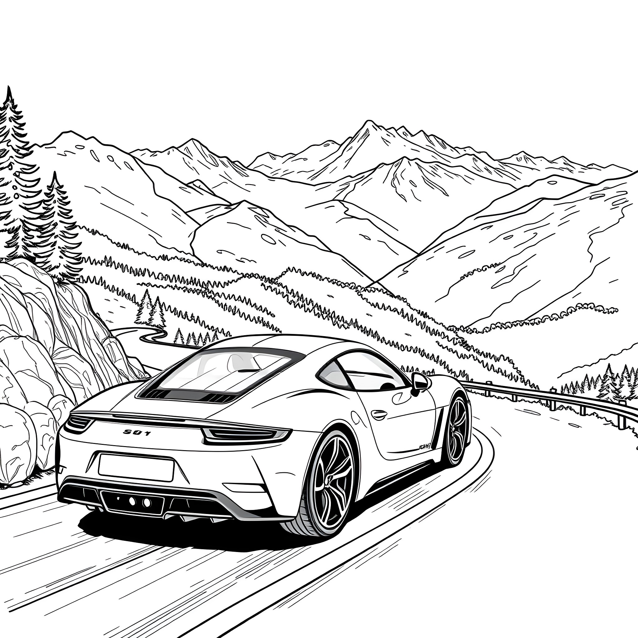 Sportscar racing through scenic mountain landscape Coloring Page (free black-and-white line drawing printable PDF for all, from beginners to advanced learners, including children, teens, adults, and seniors)
