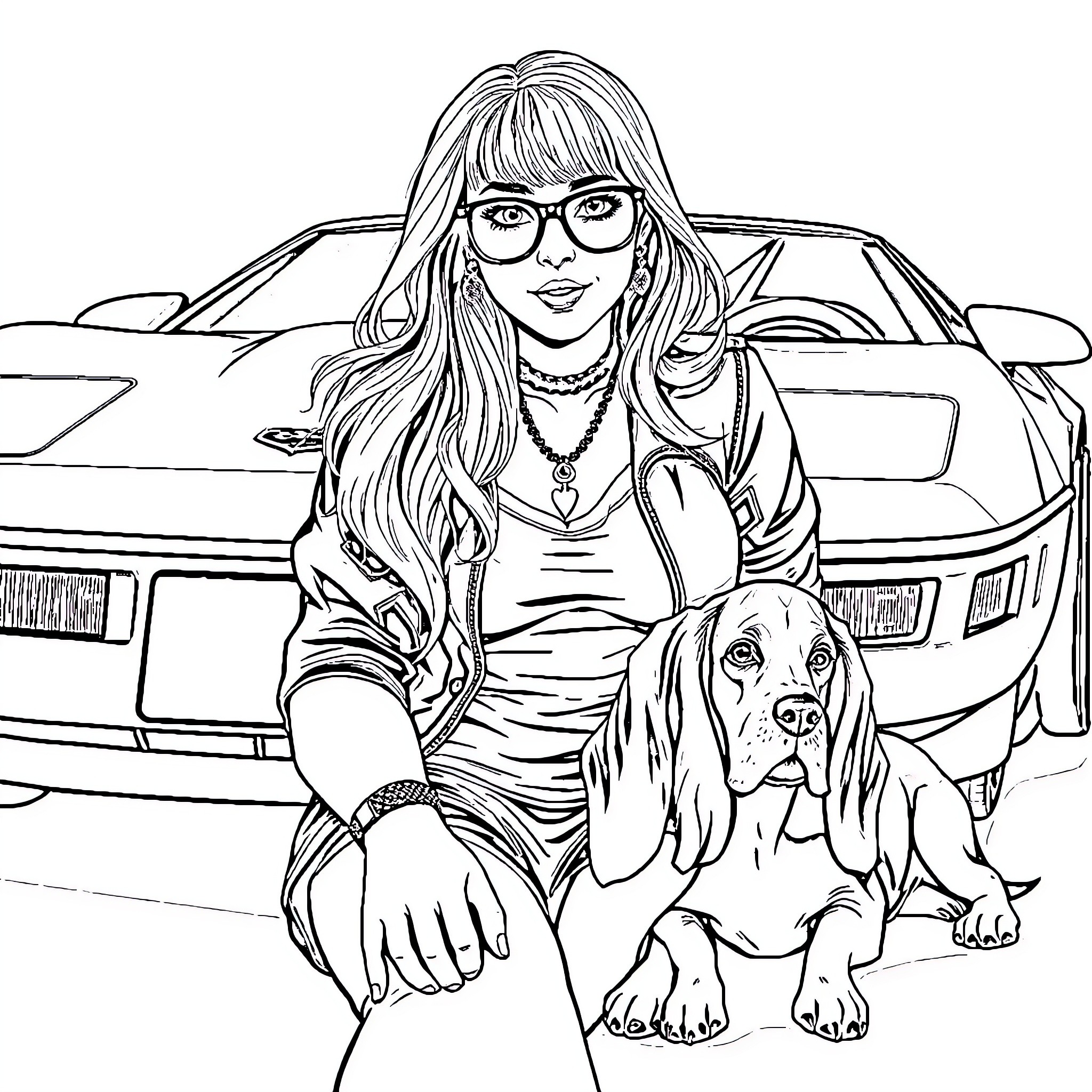 Girl with glasses and dog in front of car Coloring Page (free black-and-white line drawing printable PDF for all, from beginners to advanced learners, including children, teens, adults, and seniors)