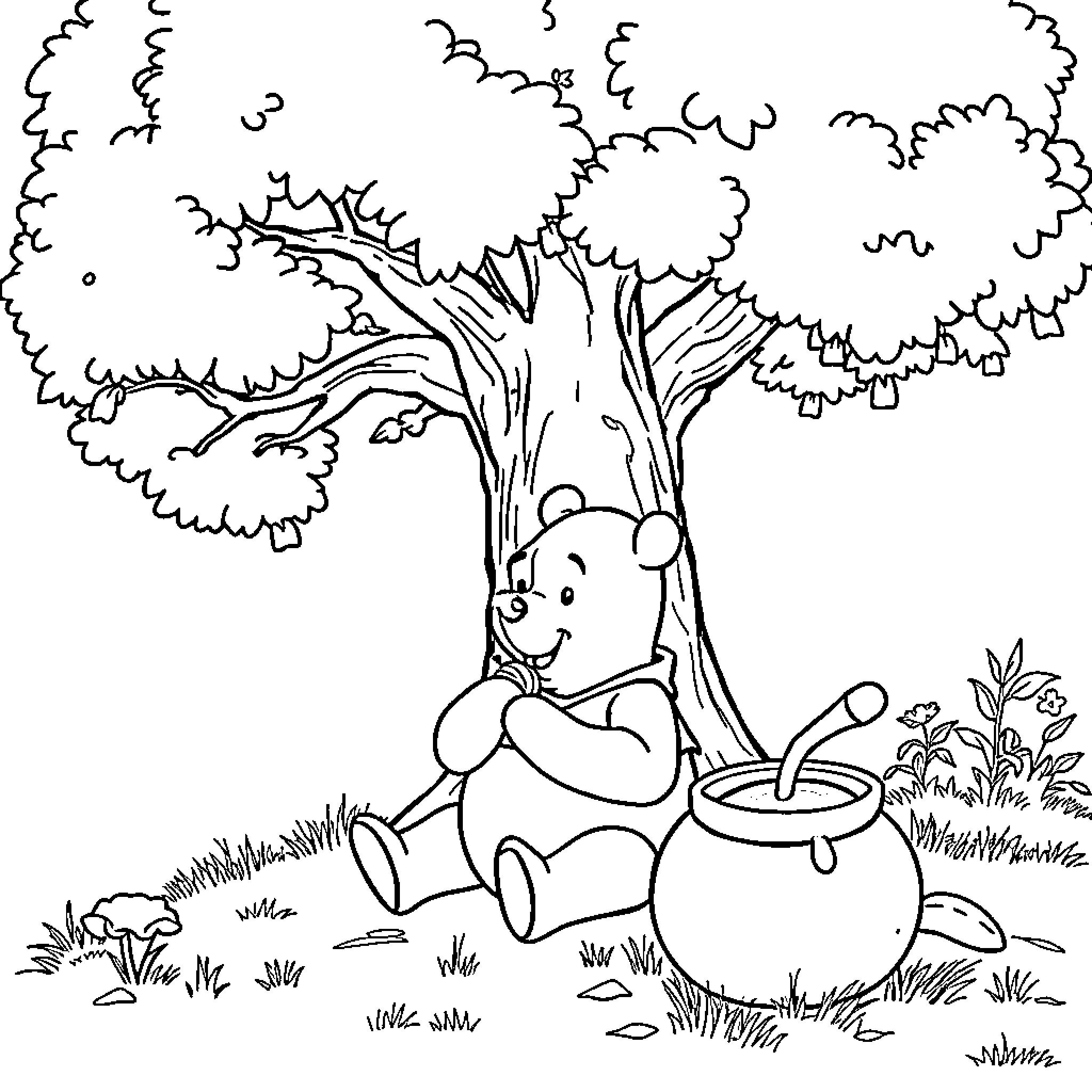 Winnie The Pooh enjoying honey under a tree Coloring Page (free black-and-white line drawing printable PDF for all, from beginners to advanced learners, including children, teens, adults, and seniors)