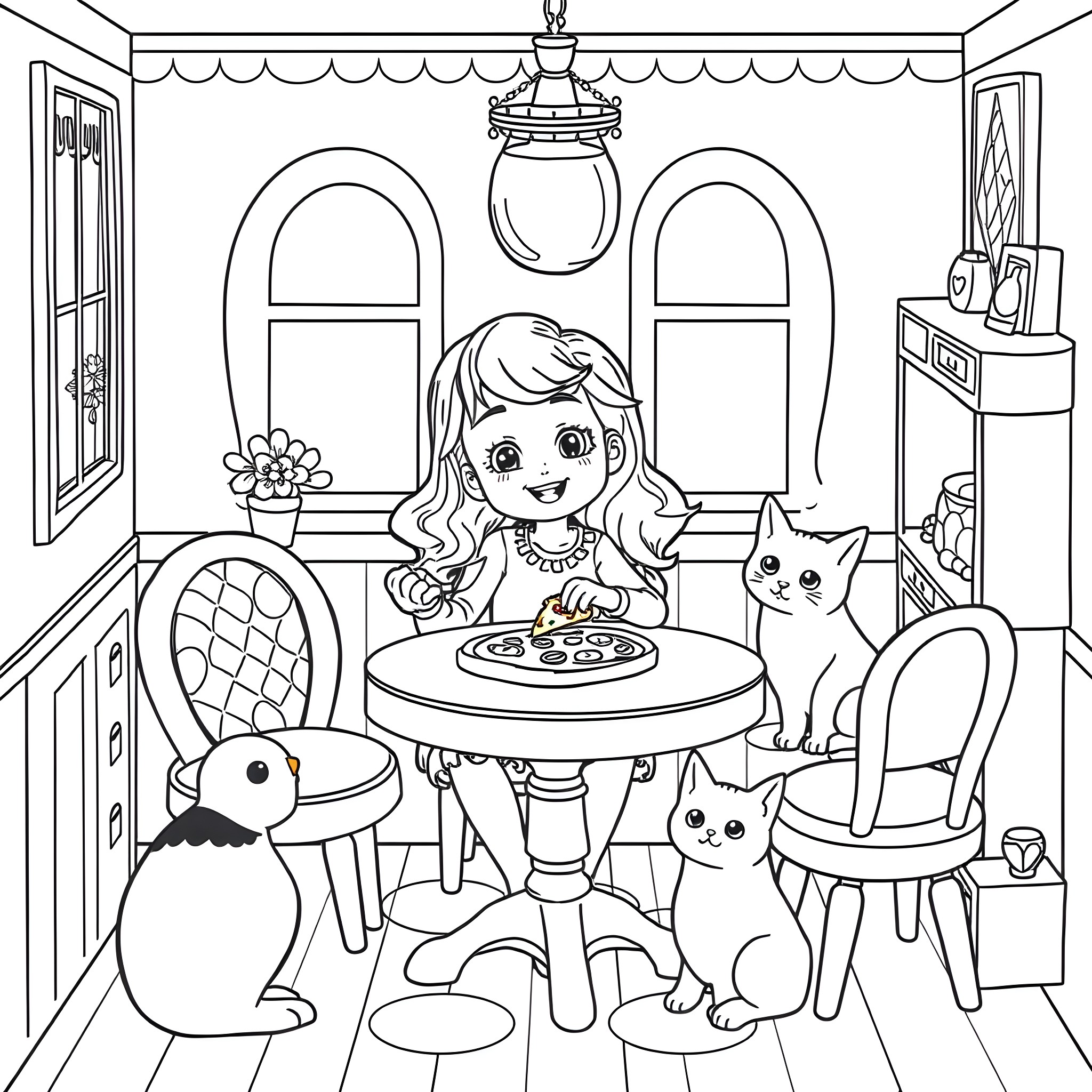 Gabby enjoying a meal with her animal friends Coloring Page (free black-and-white line drawing printable PDF for all, from beginners to advanced learners, including children, teens, adults, and seniors)
