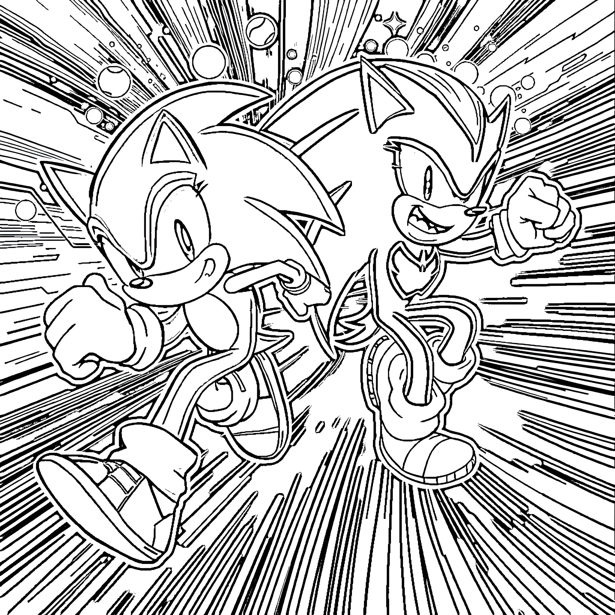 Sonic and Companions in Explosive Action Coloring Page (free black-and-white line drawing printable PDF for all, from beginners to advanced learners, including children, teens, adults, and seniors)