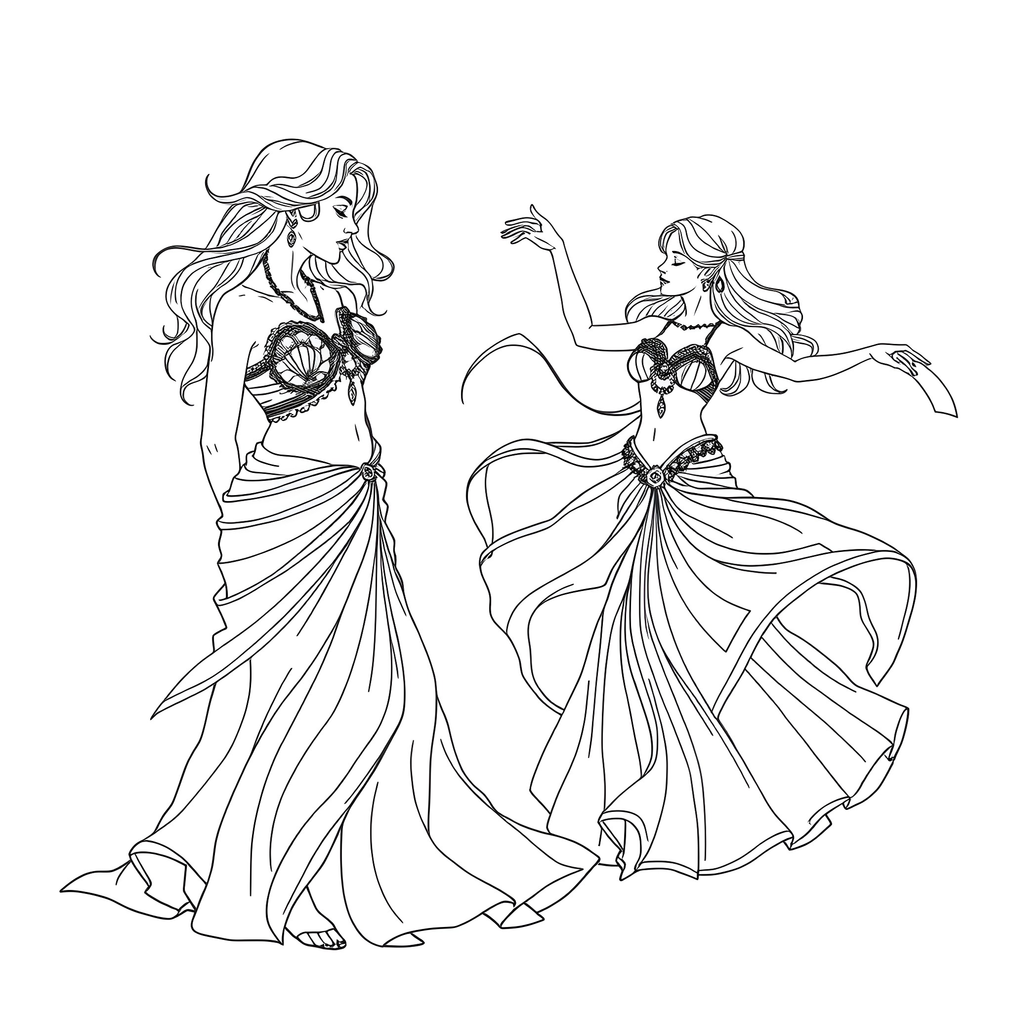 Mother and daughter performing graceful belly dance Coloring Page (free black-and-white line drawing printable PDF for all, from beginners to advanced learners, including children, teens, adults, and seniors)
