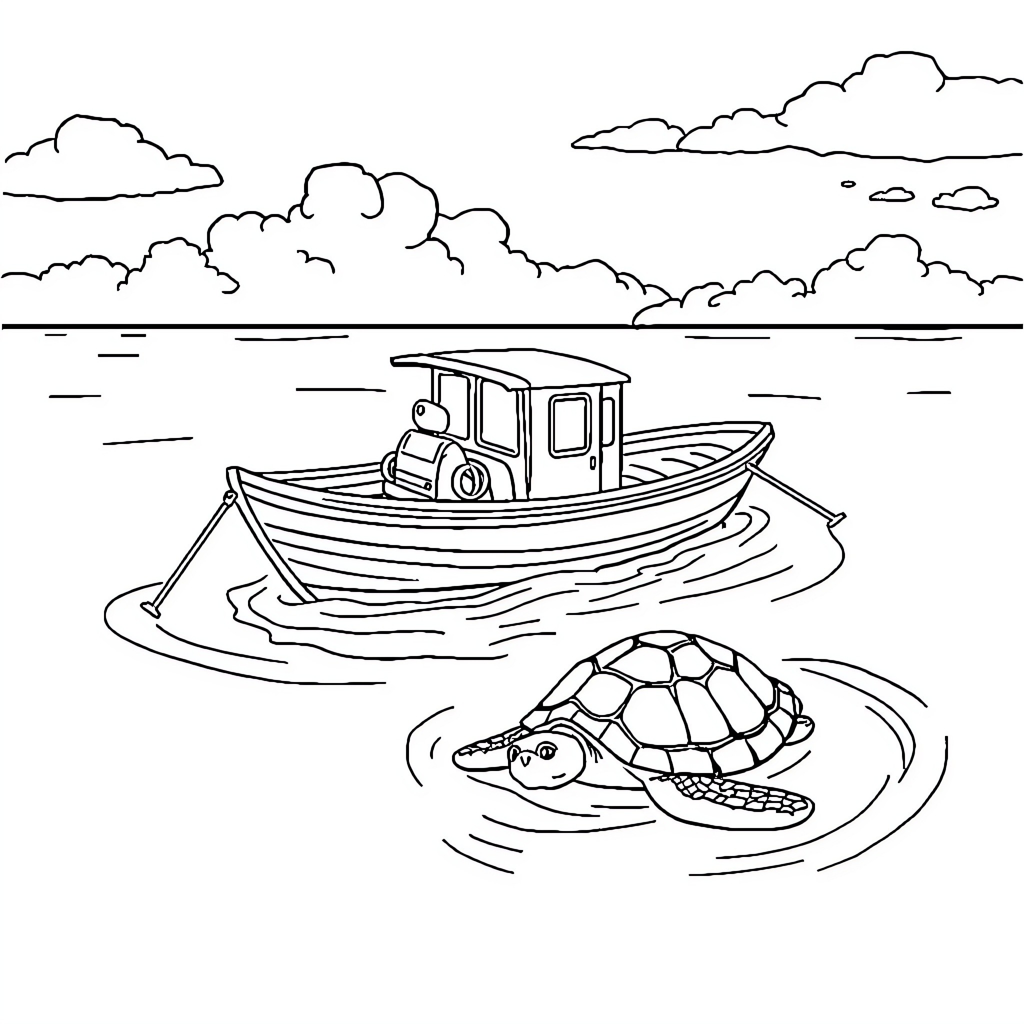Bateau on the water with a swimming turtle Coloring Page (free black-and-white line drawing printable PDF for all, from beginners to advanced learners, including children, teens, adults, and seniors)