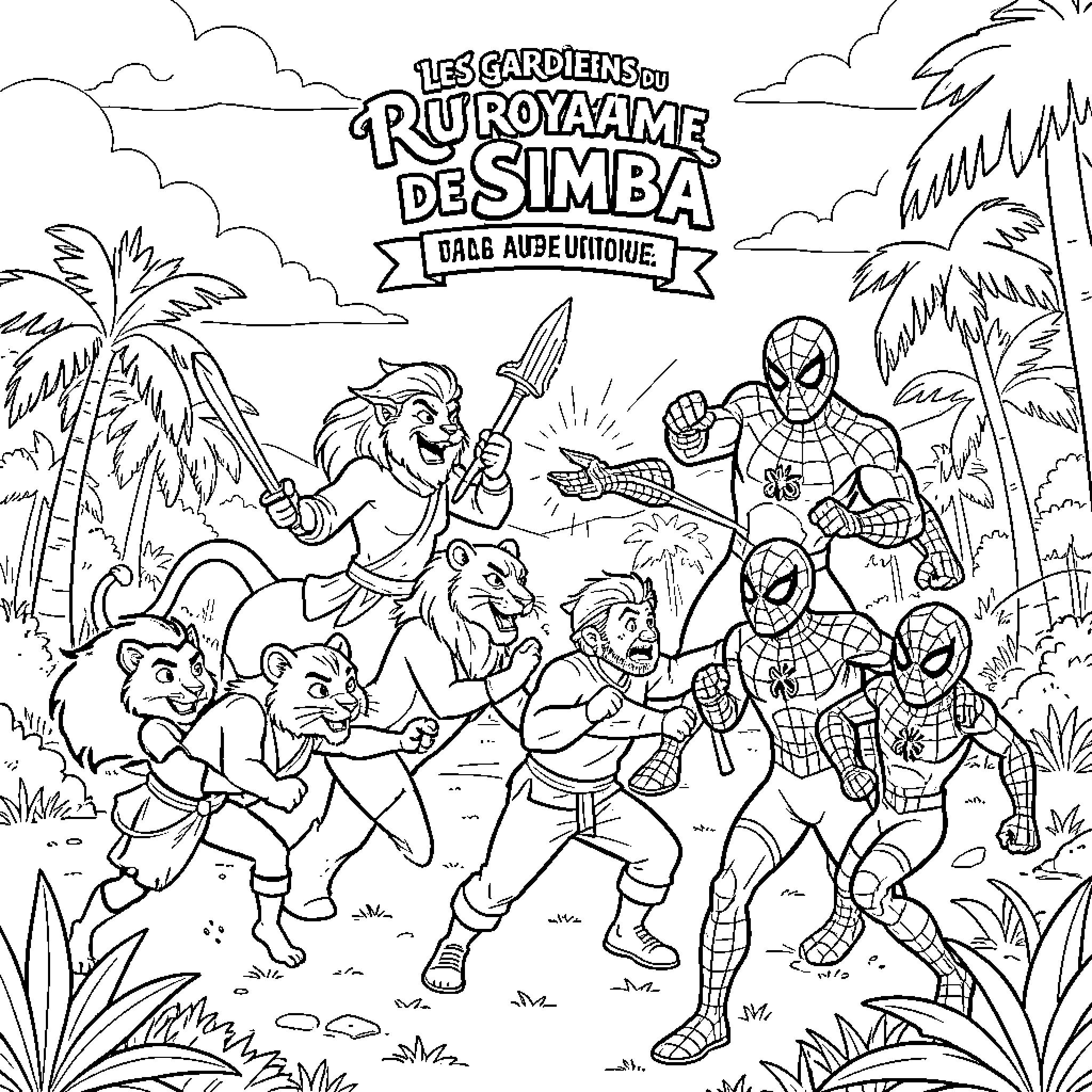 Lion characters engaging in a battle scene Coloring Page (free black-and-white line drawing printable PDF for all, from beginners to advanced learners, including children, teens, adults, and seniors)