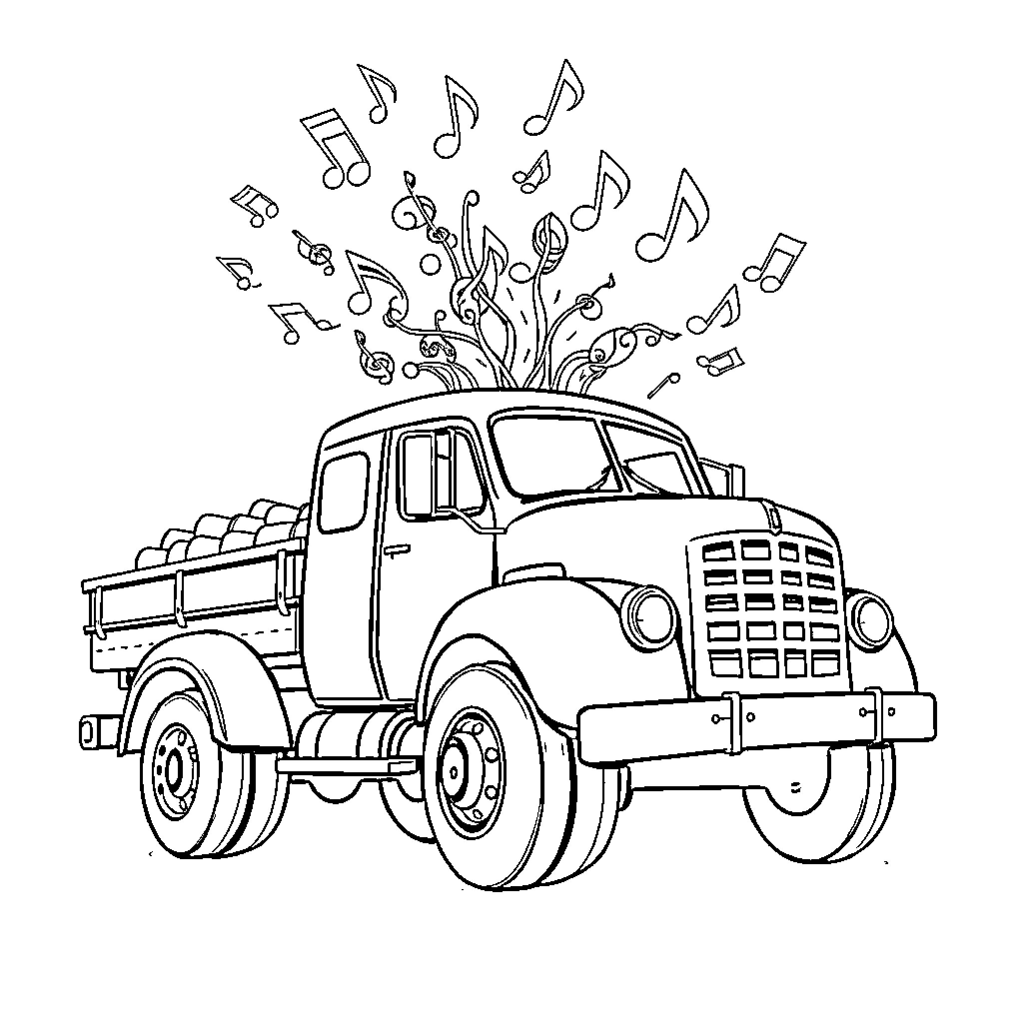 Musical Note Truck Spreading Musical Joy Coloring Page (free black-and-white line drawing printable PDF for all, from beginners to advanced learners, including children, teens, adults, and seniors)