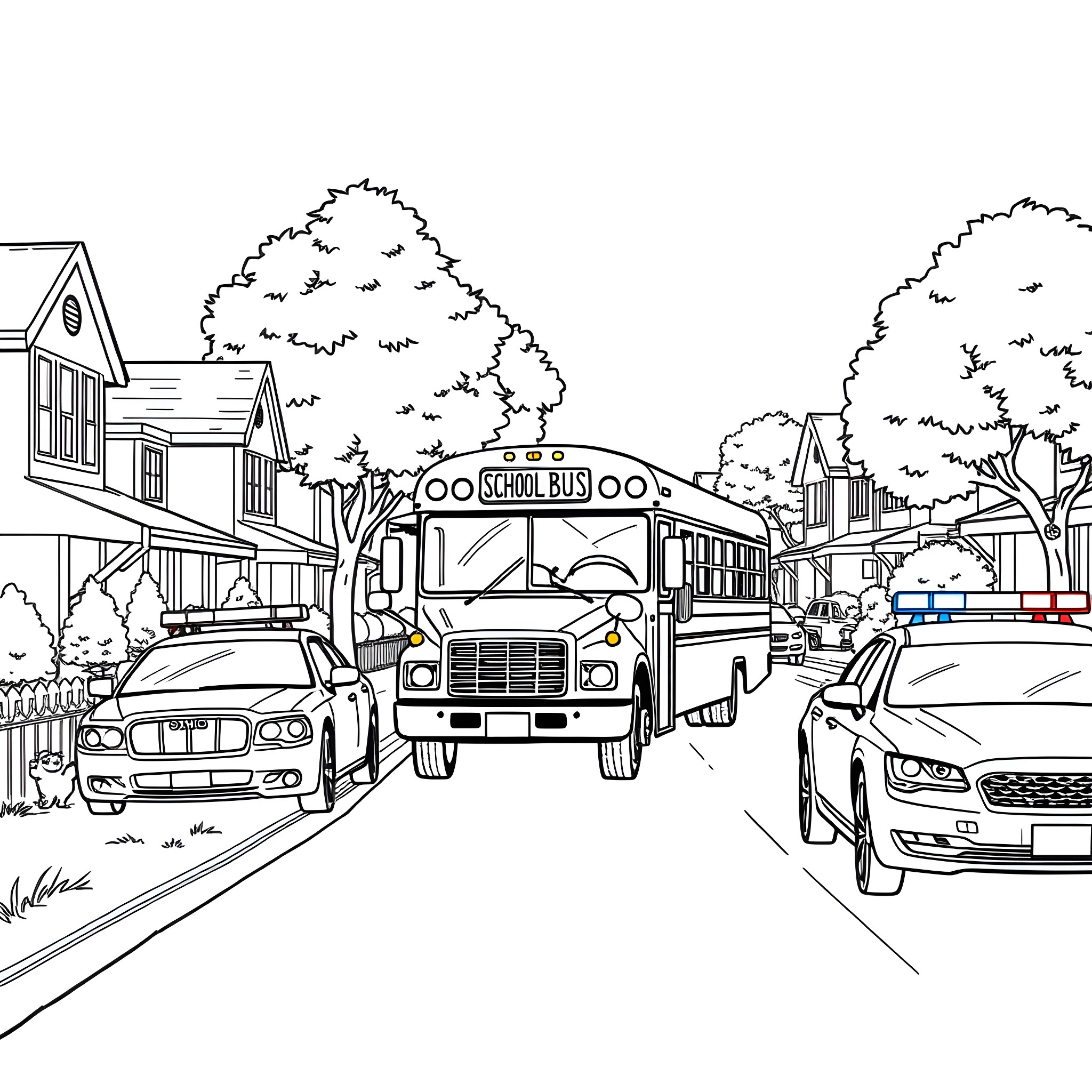 Bus driving on a busy school street Coloring Page (free black-and-white line drawing printable PDF for all, from beginners to advanced learners, including children, teens, adults, and seniors)