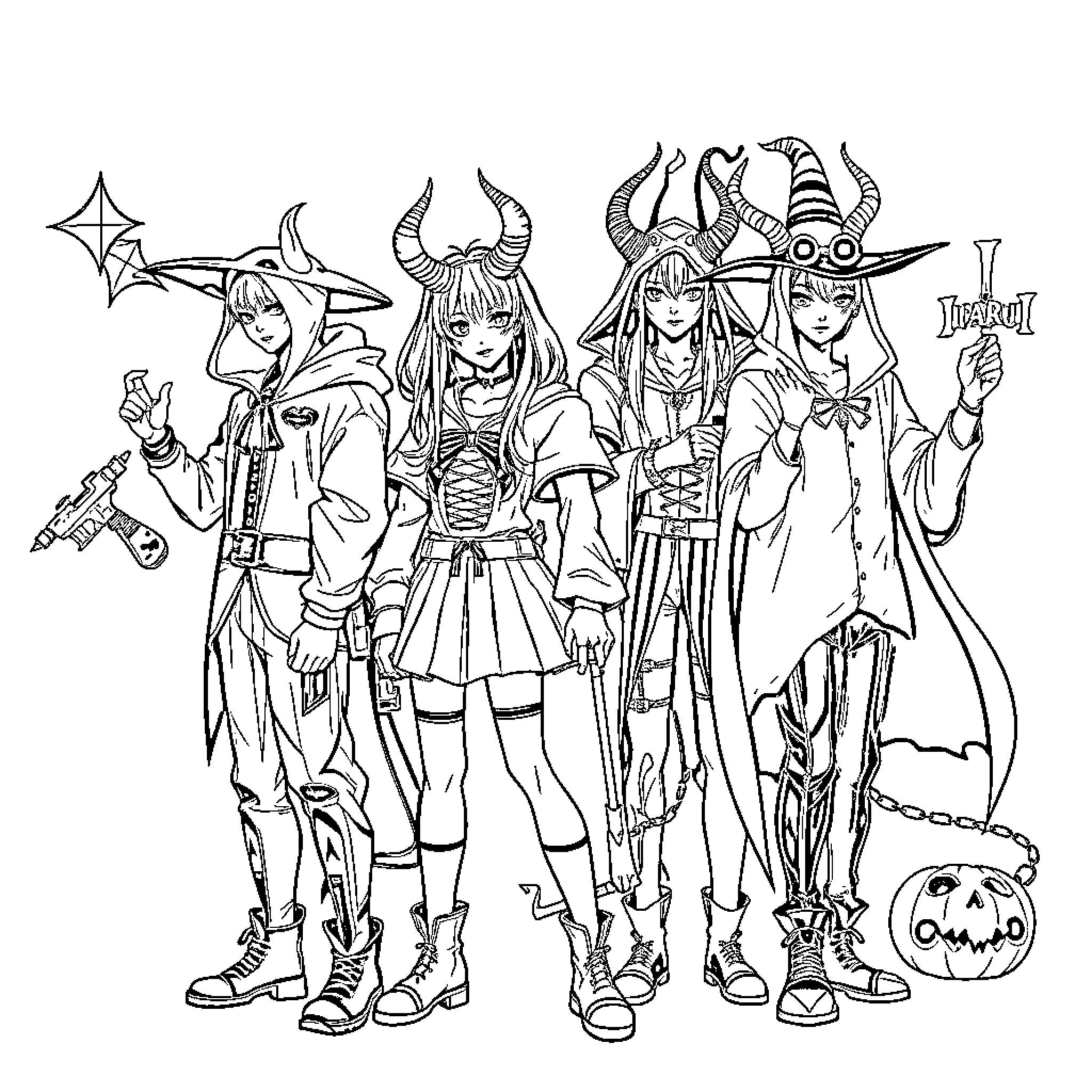 Kpop Characters in Spooky Halloween Outfits Coloring Page (free black-and-white line drawing printable PDF for all, from beginners to advanced learners, including children, teens, adults, and seniors)