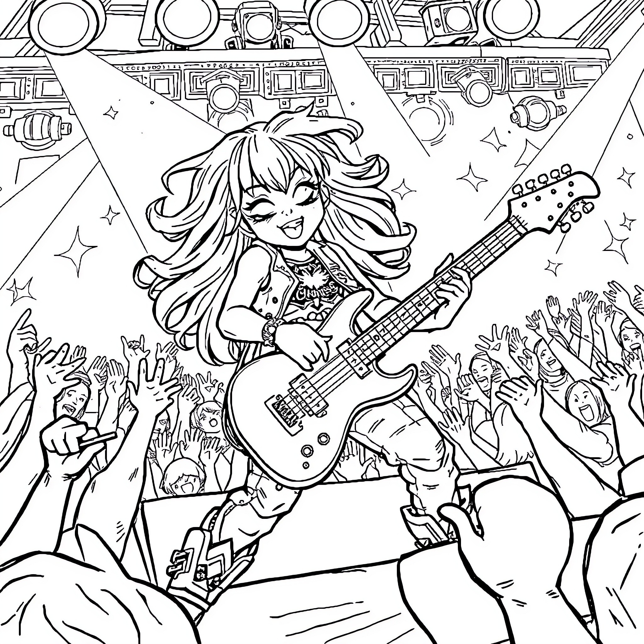 Chromie's Rocking Performance on Stage Coloring Page (free black-and-white line drawing printable PDF for all, from beginners to advanced learners, including children, teens, adults, and seniors)
