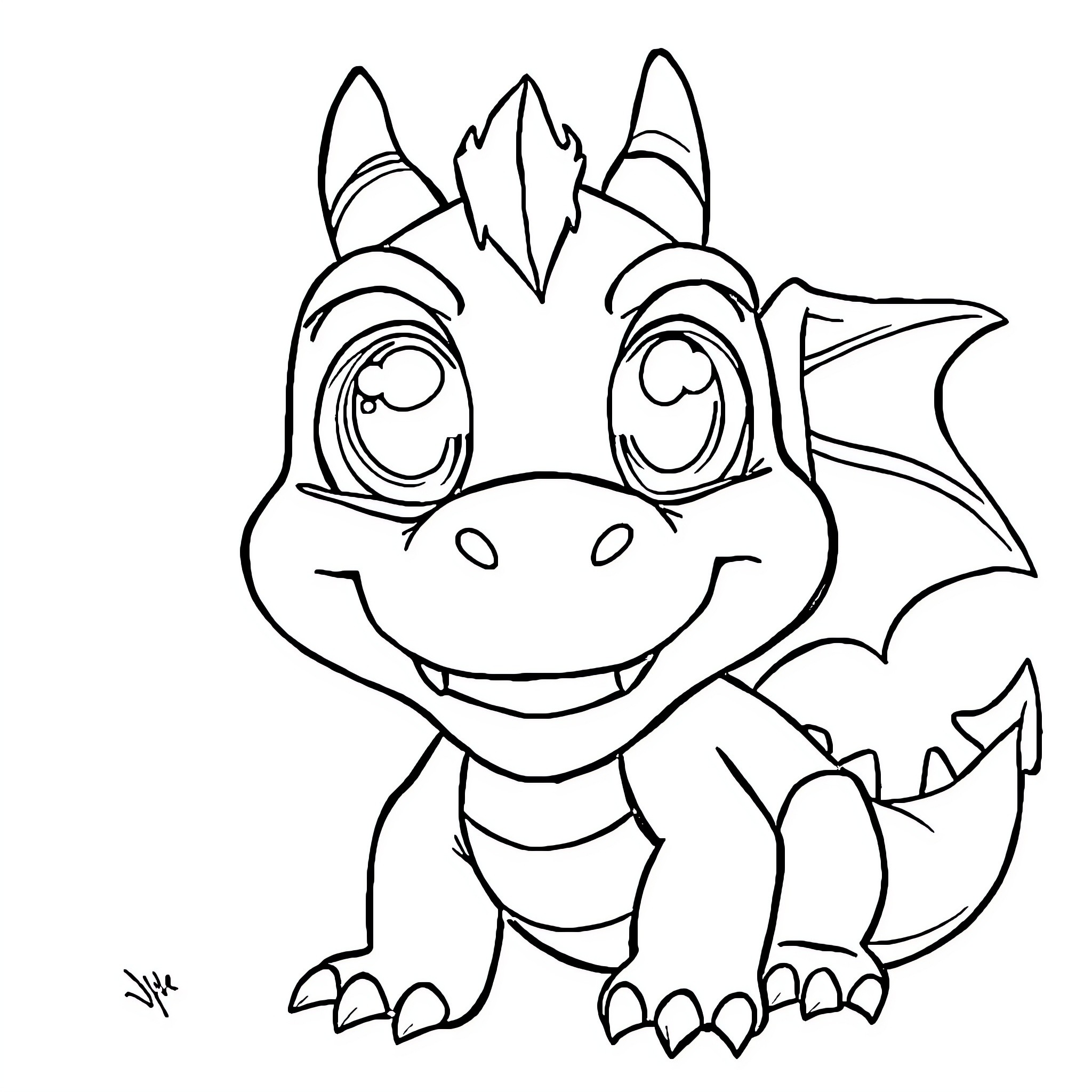 Dragon smiling playfully with expressive features Coloring Page (free black-and-white line drawing printable PDF for all, from beginners to advanced learners, including children, teens, adults, and seniors)