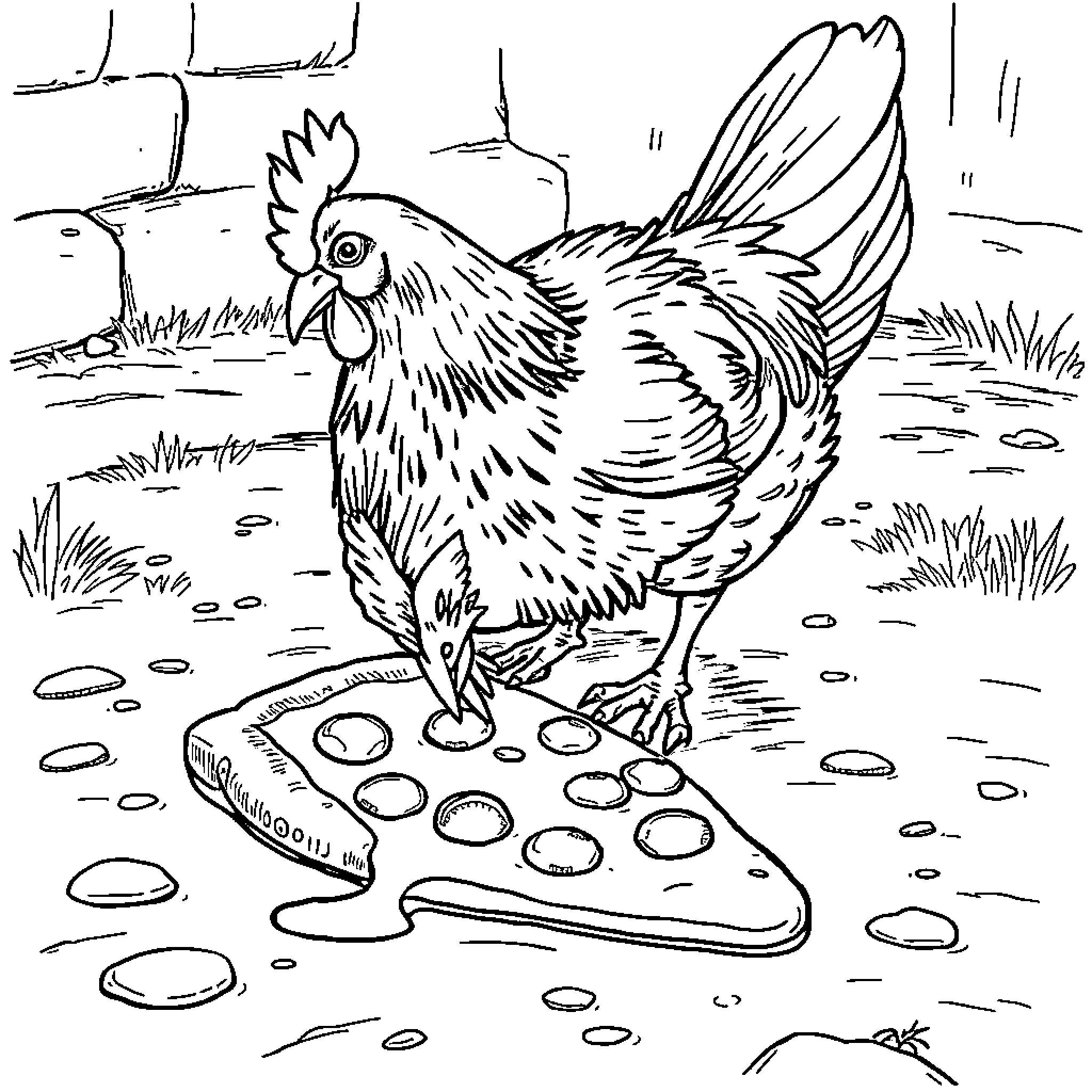 Chicken exploring a snowy landscape Coloring Page (free black-and-white line drawing printable PDF for all, from beginners to advanced learners, including children, teens, adults, and seniors)