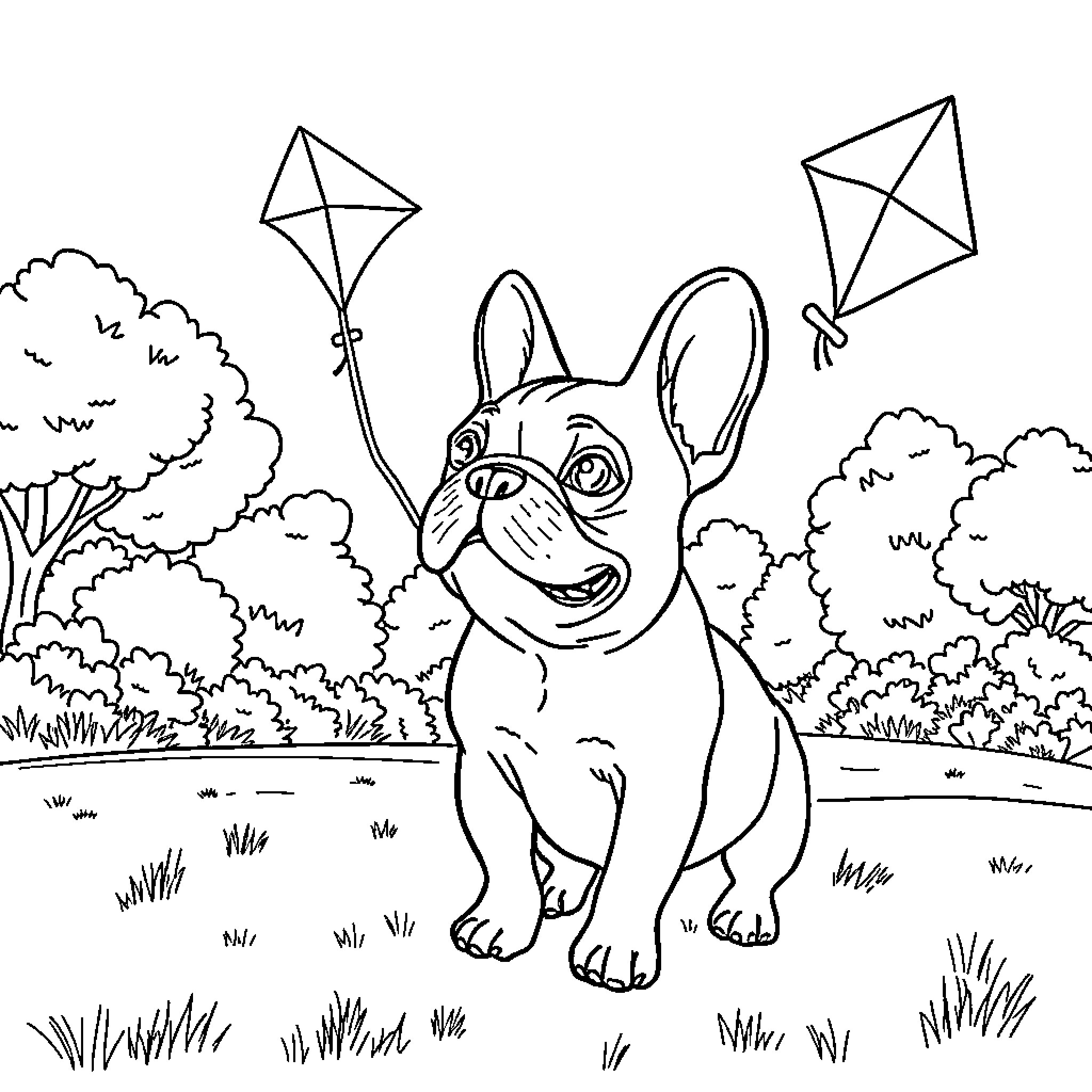 French Bulldog playing with kites in the park Coloring Page (free black-and-white line drawing printable PDF for all, from beginners to advanced learners, including children, teens, adults, and seniors)