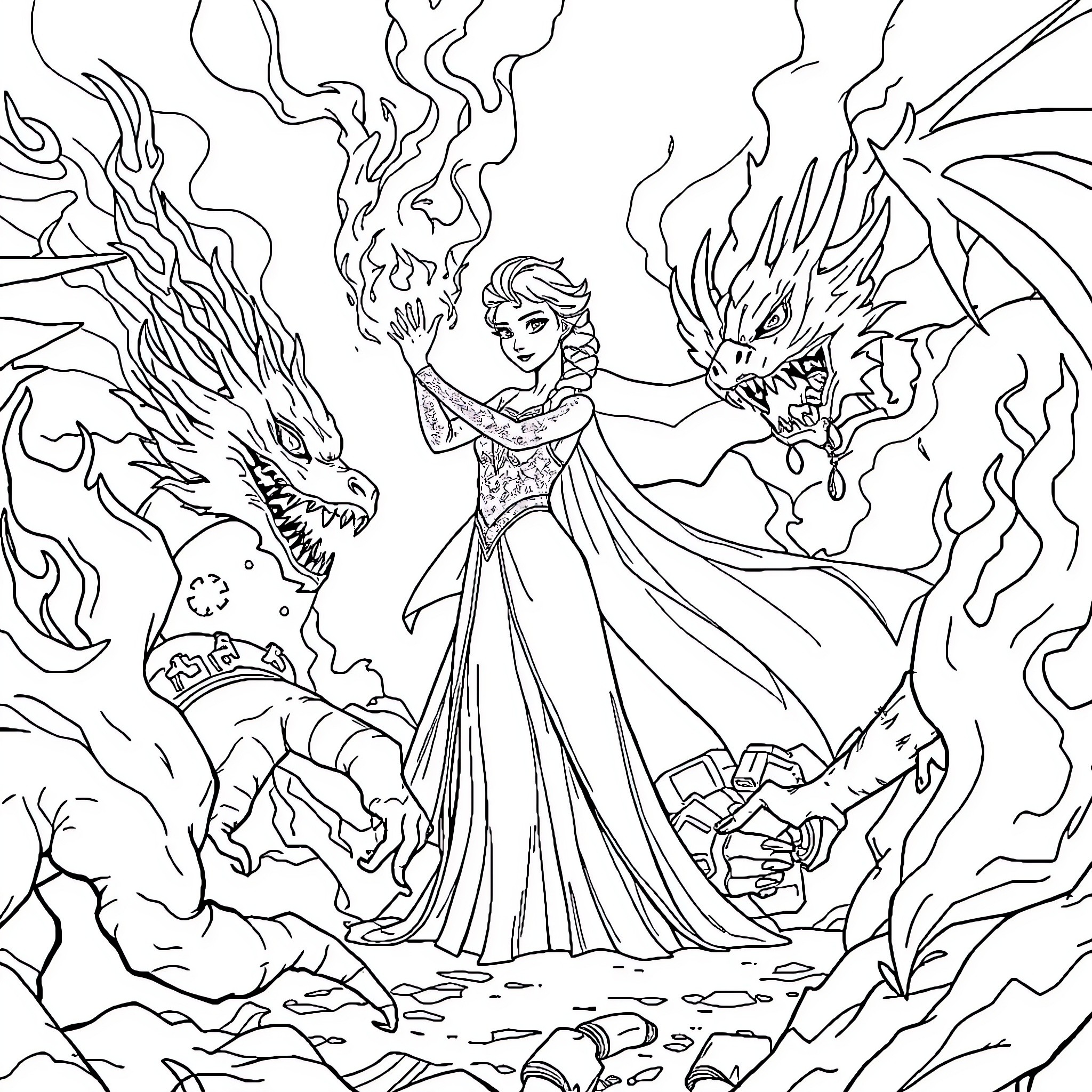 Princess Elsa wielding fire magic and dragons Coloring Page (free black-and-white line drawing printable PDF for all, from beginners to advanced learners, including children, teens, adults, and seniors)