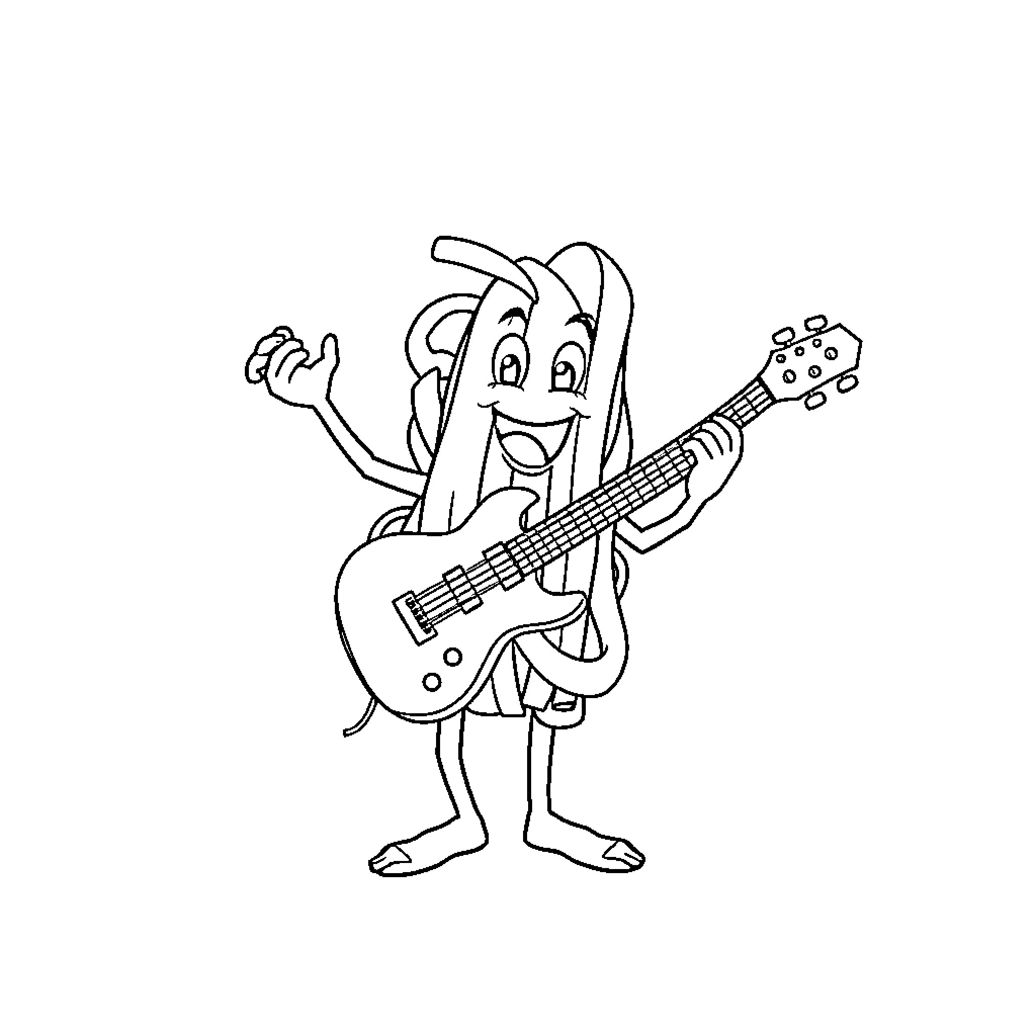 Pasta character playing guitar happily Coloring Page (free black-and-white line drawing printable PDF for all, from beginners to advanced learners, including children, teens, adults, and seniors)
