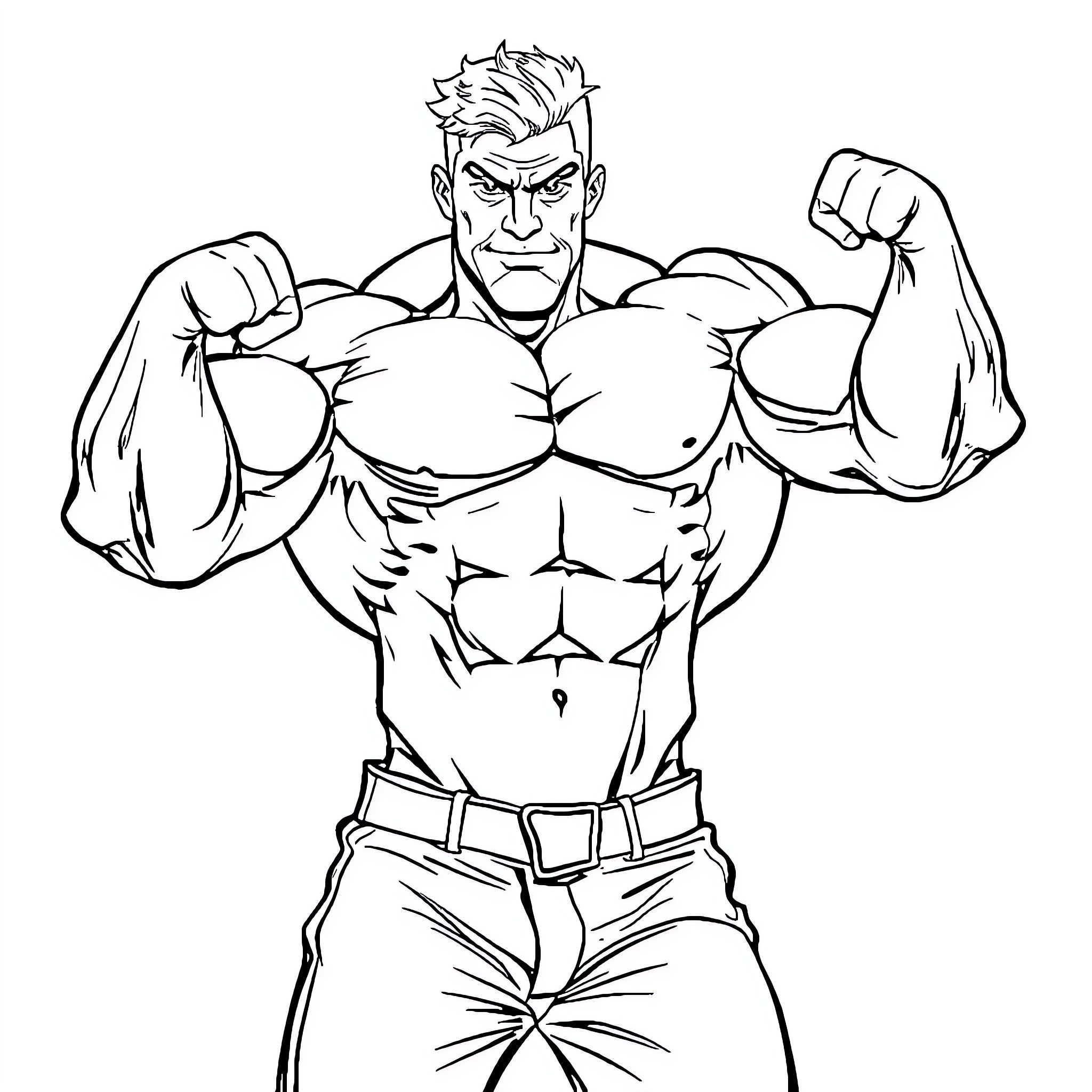 Man displaying muscular physique and strength Coloring Page (free black-and-white line drawing printable PDF for all, from beginners to advanced learners, including children, teens, adults, and seniors)