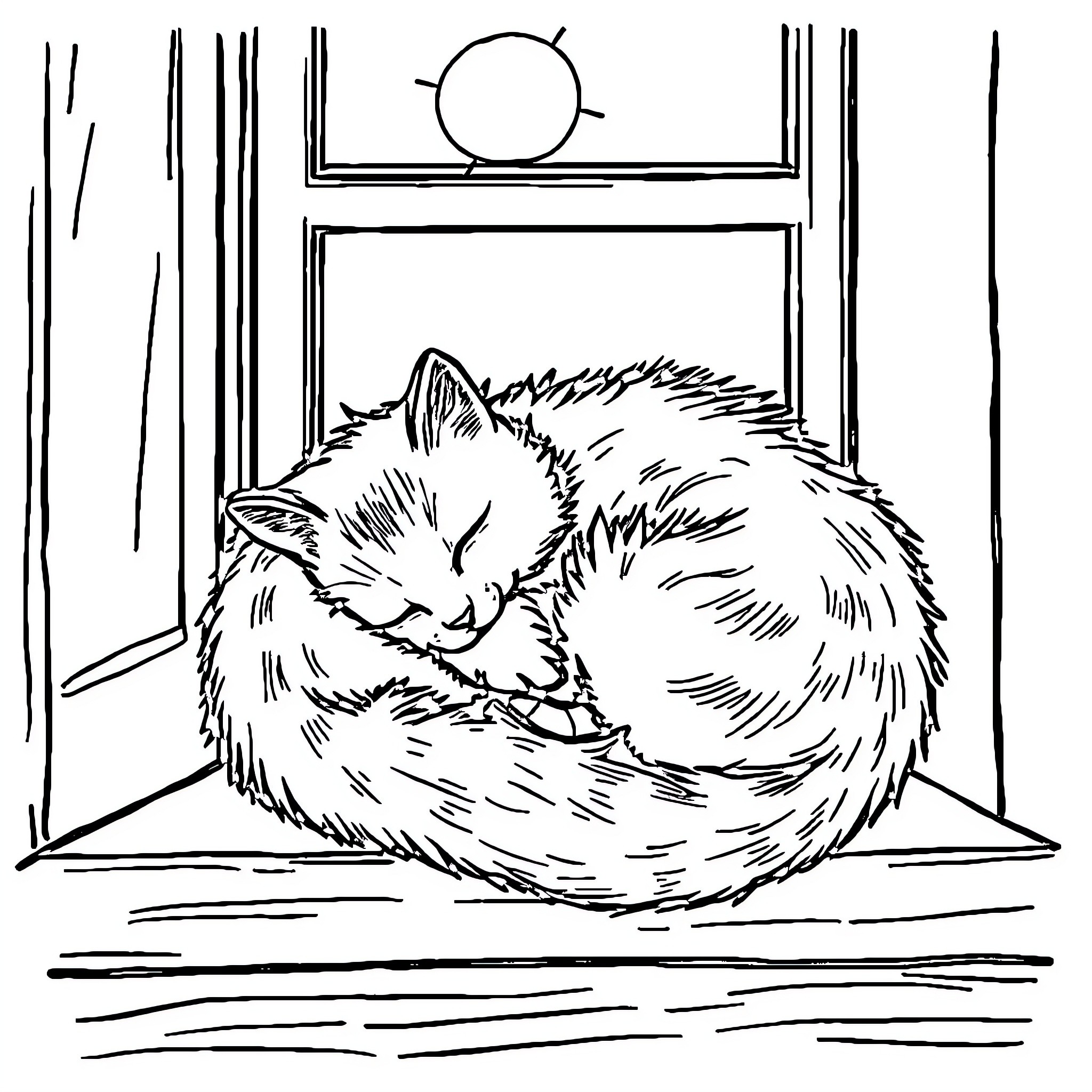 Cat napping peacefully by the window Coloring Page (free black-and-white line drawing printable PDF for all, from beginners to advanced learners, including children, teens, adults, and seniors)