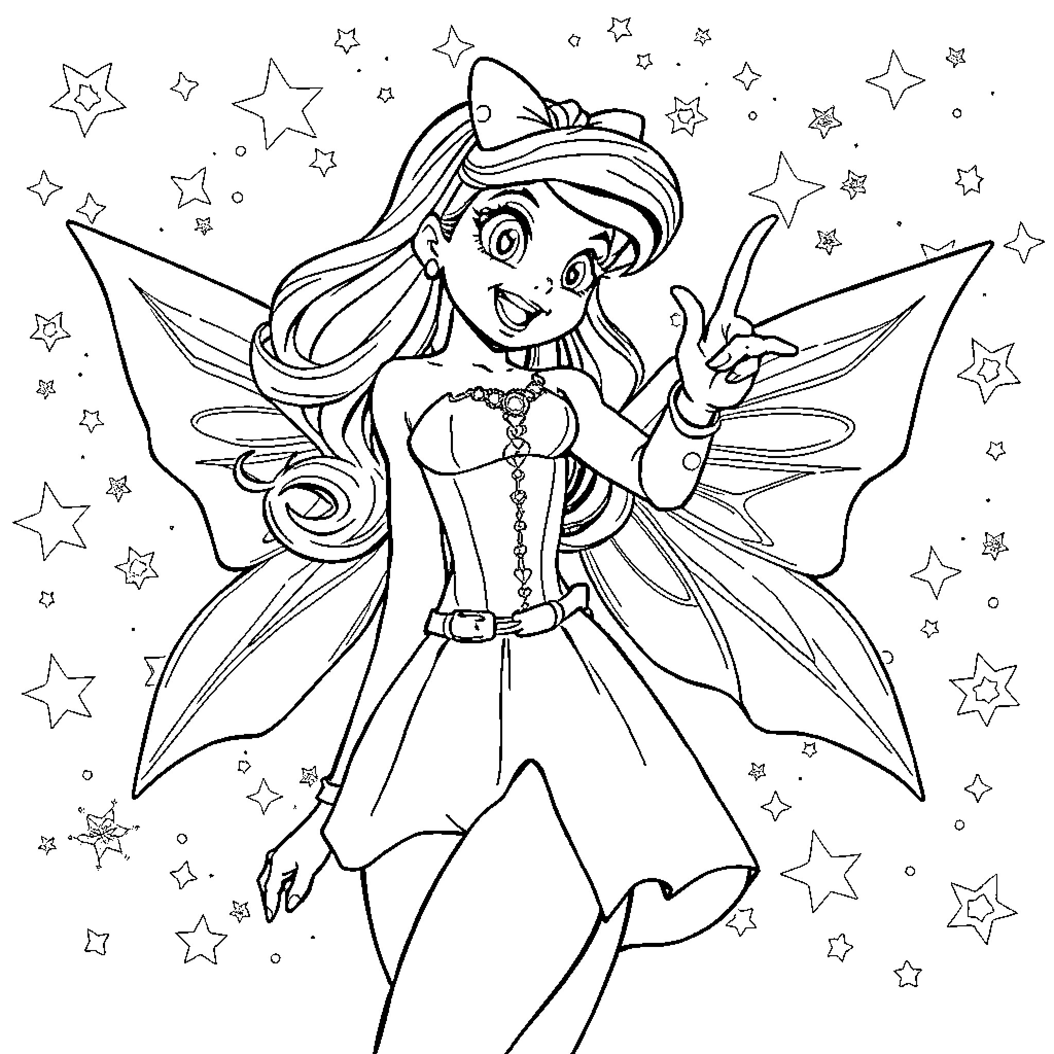 Marinette as a Magical Girl with Shimmering Stars Coloring Page (free black-and-white line drawing printable PDF for all, from beginners to advanced learners, including children, teens, adults, and seniors)