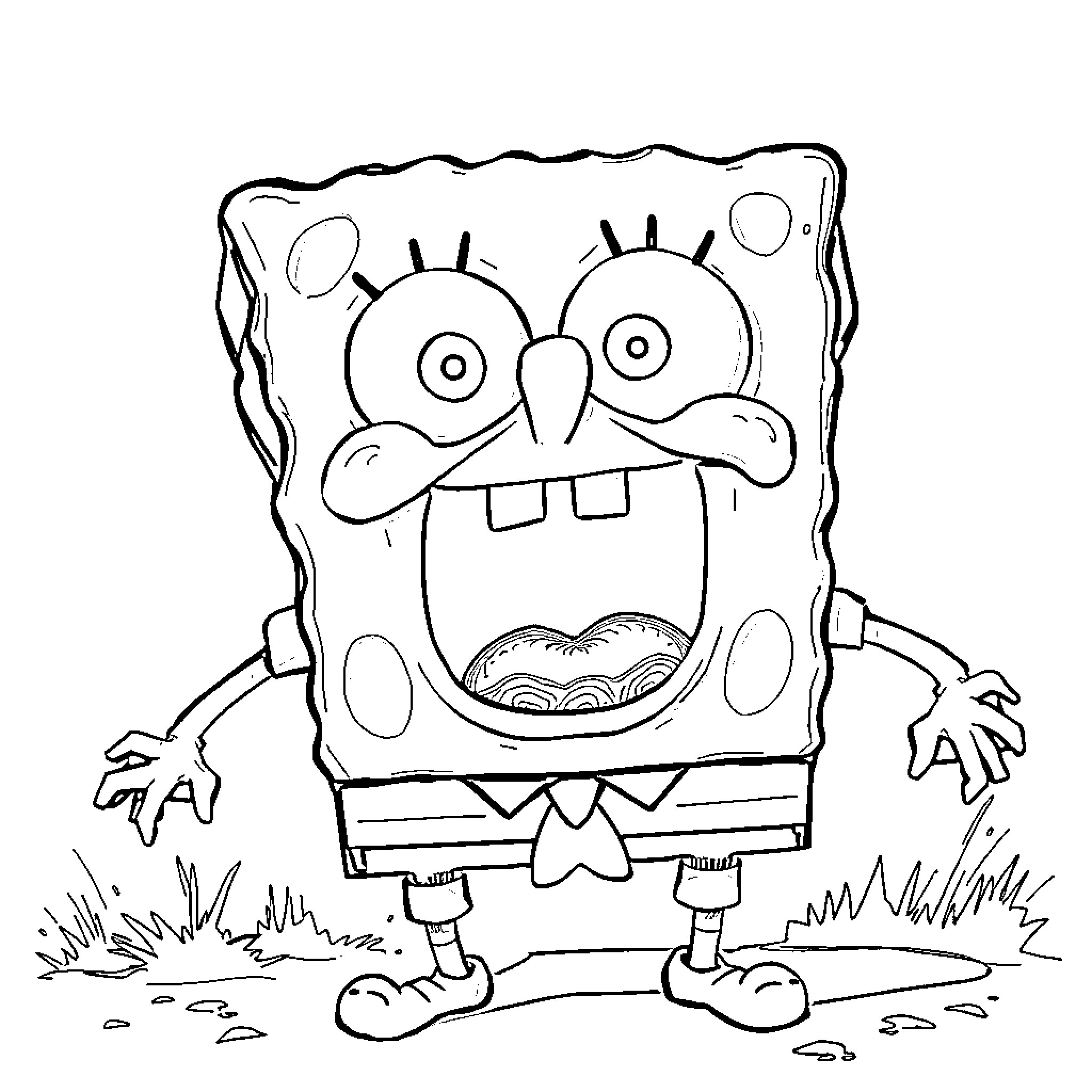 Spongebob's silly expression and stance Coloring Page (free black-and-white line drawing printable PDF for all, from beginners to advanced learners, including children, teens, adults, and seniors)