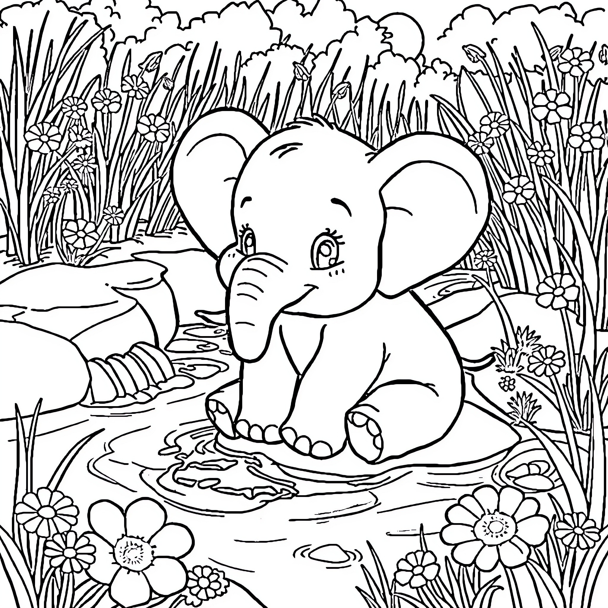Elephant playing in a lush floral landscape Coloring Page (free black-and-white line drawing printable PDF for all, from beginners to advanced learners, including children, teens, adults, and seniors)