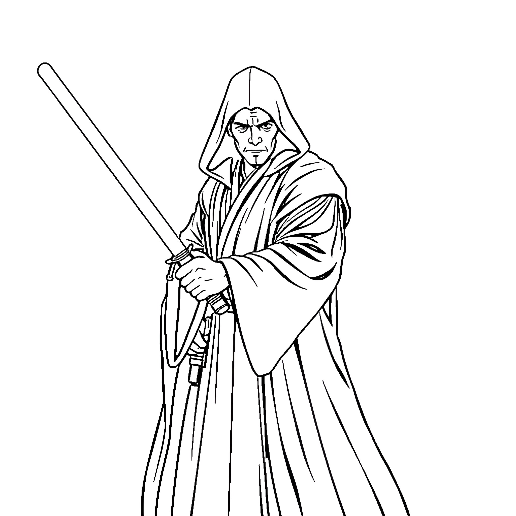 Jedi Master with Lightsaber in Warrior Stance Coloring Page (free black-and-white line drawing printable PDF for all, from beginners to advanced learners, including children, teens, adults, and seniors)