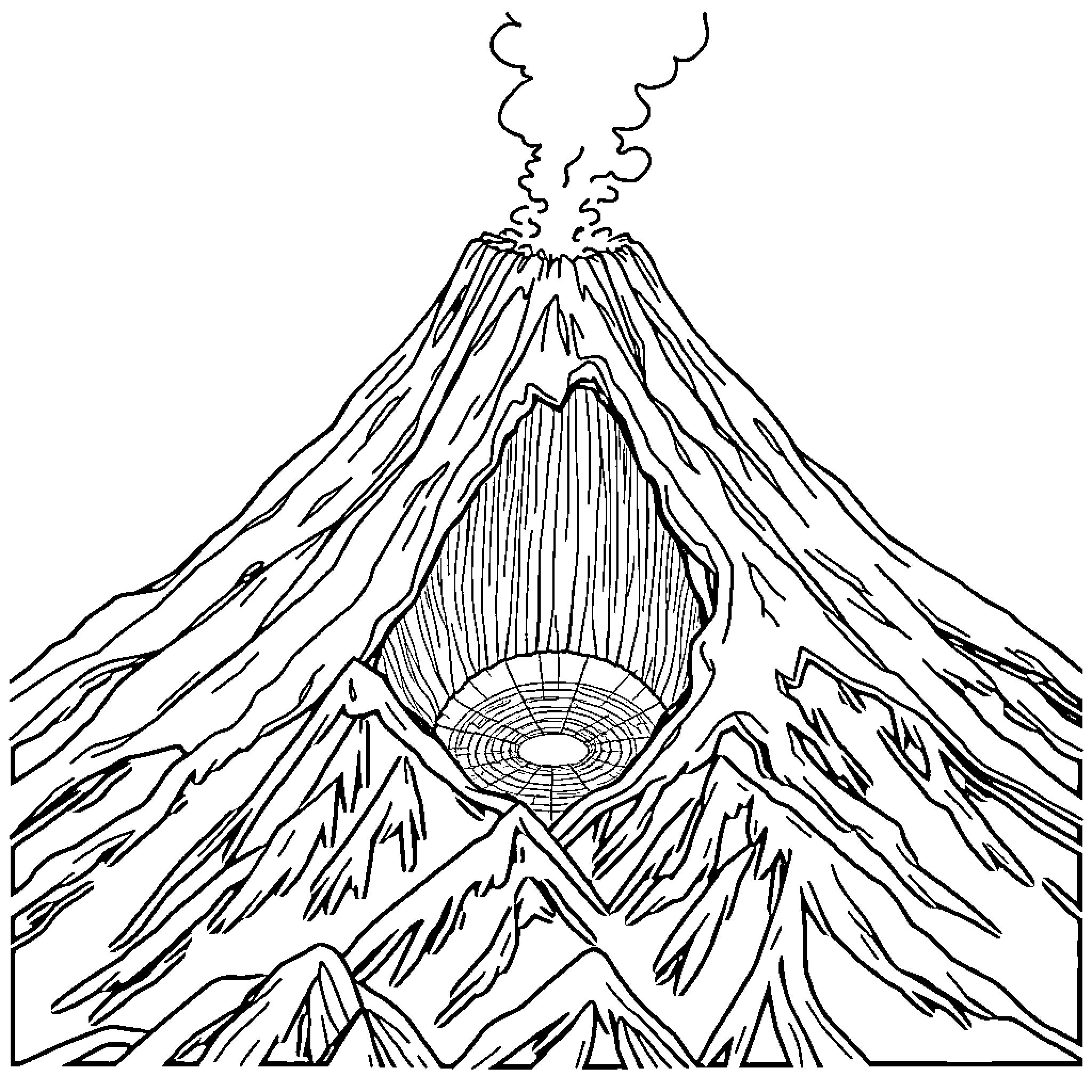 Volcano erupting with dramatic mountain scene Coloring Page (free black-and-white line drawing printable PDF for all, from beginners to advanced learners, including children, teens, adults, and seniors)