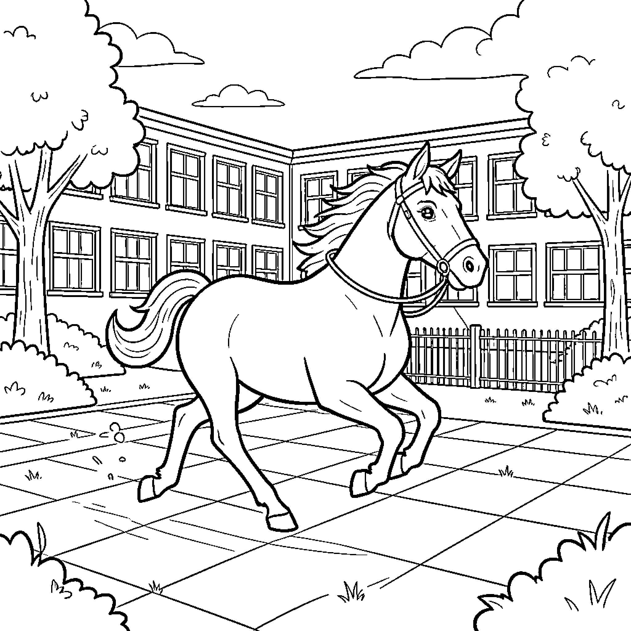 Gineta's Equine Adventure at the School Grounds Coloring Page (free black-and-white line drawing printable PDF for all, from beginners to advanced learners, including children, teens, adults, and seniors)