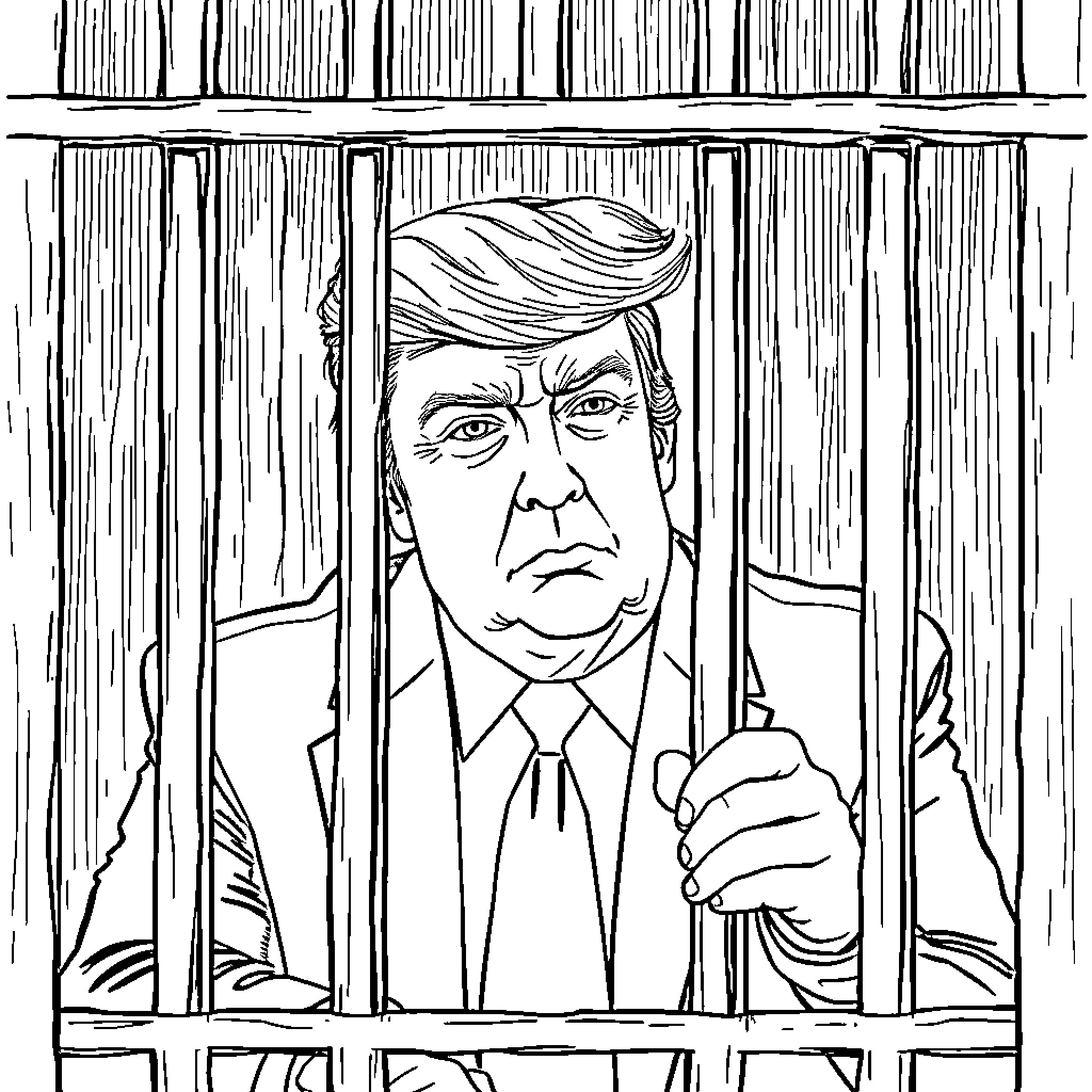 Trump Behind Bars: A Political Cartoon Coloring Page (free black-and-white line drawing printable PDF for all, from beginners to advanced learners, including children, teens, adults, and seniors)