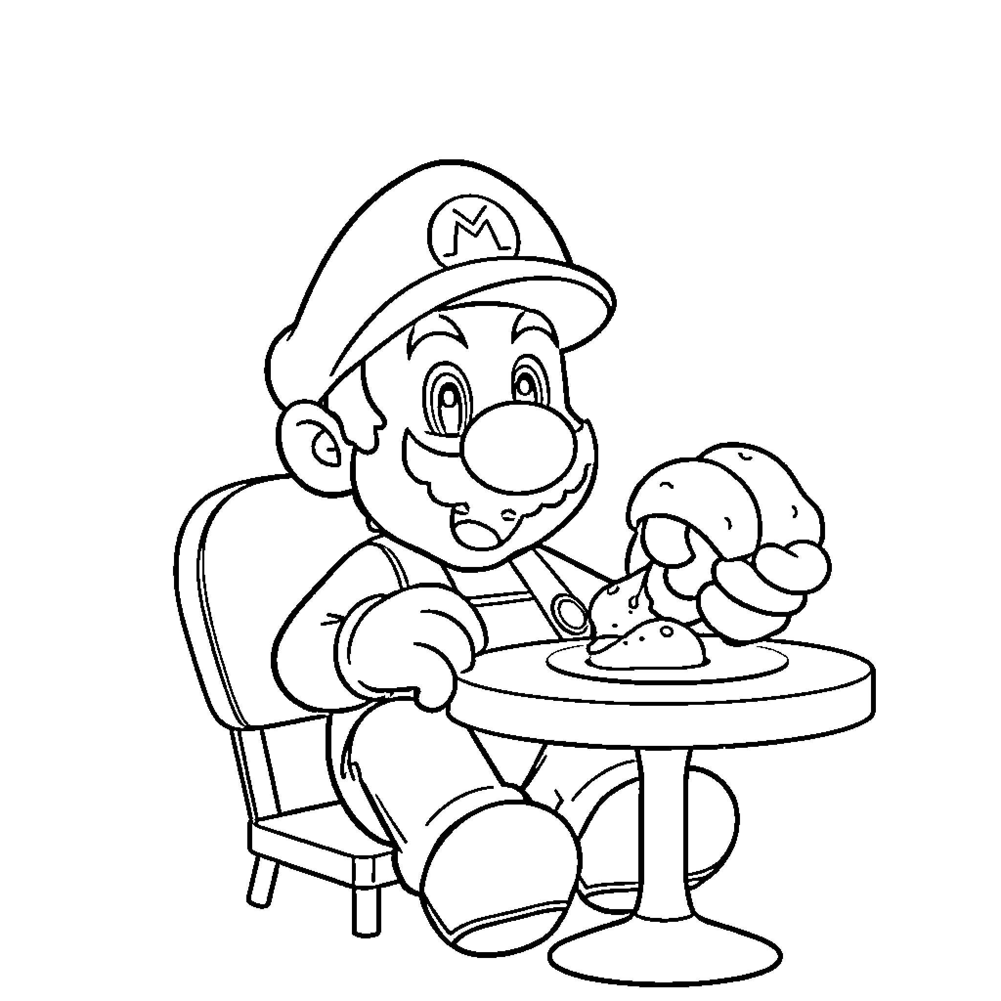 Super Mario Enjoying Dinner with Companions Coloring Page (free black-and-white line drawing printable PDF for all, from beginners to advanced learners, including children, teens, adults, and seniors)