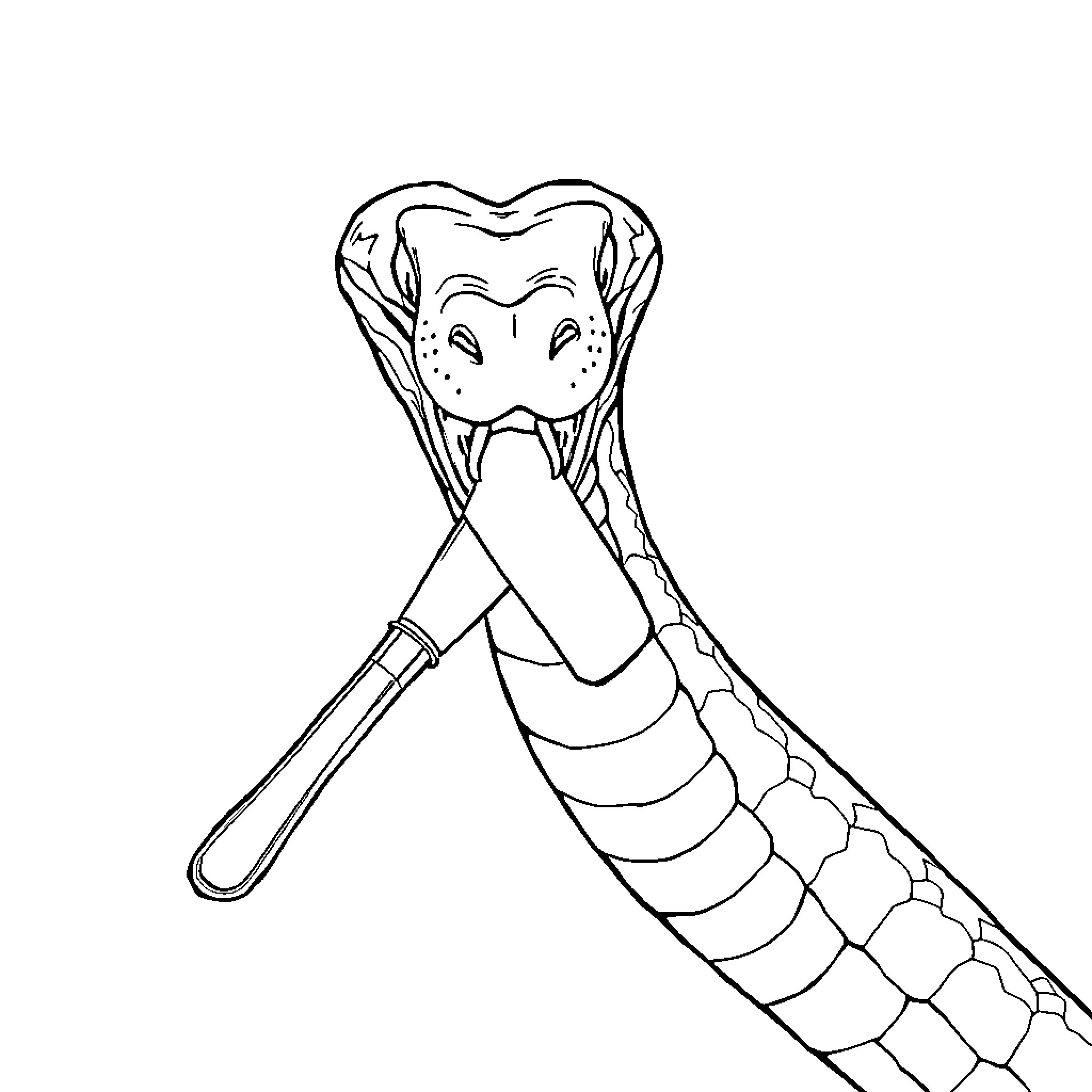 Snake showing its fangs with a dental tool Coloring Page (free black-and-white line drawing printable PDF for all, from beginners to advanced learners, including children, teens, adults, and seniors)