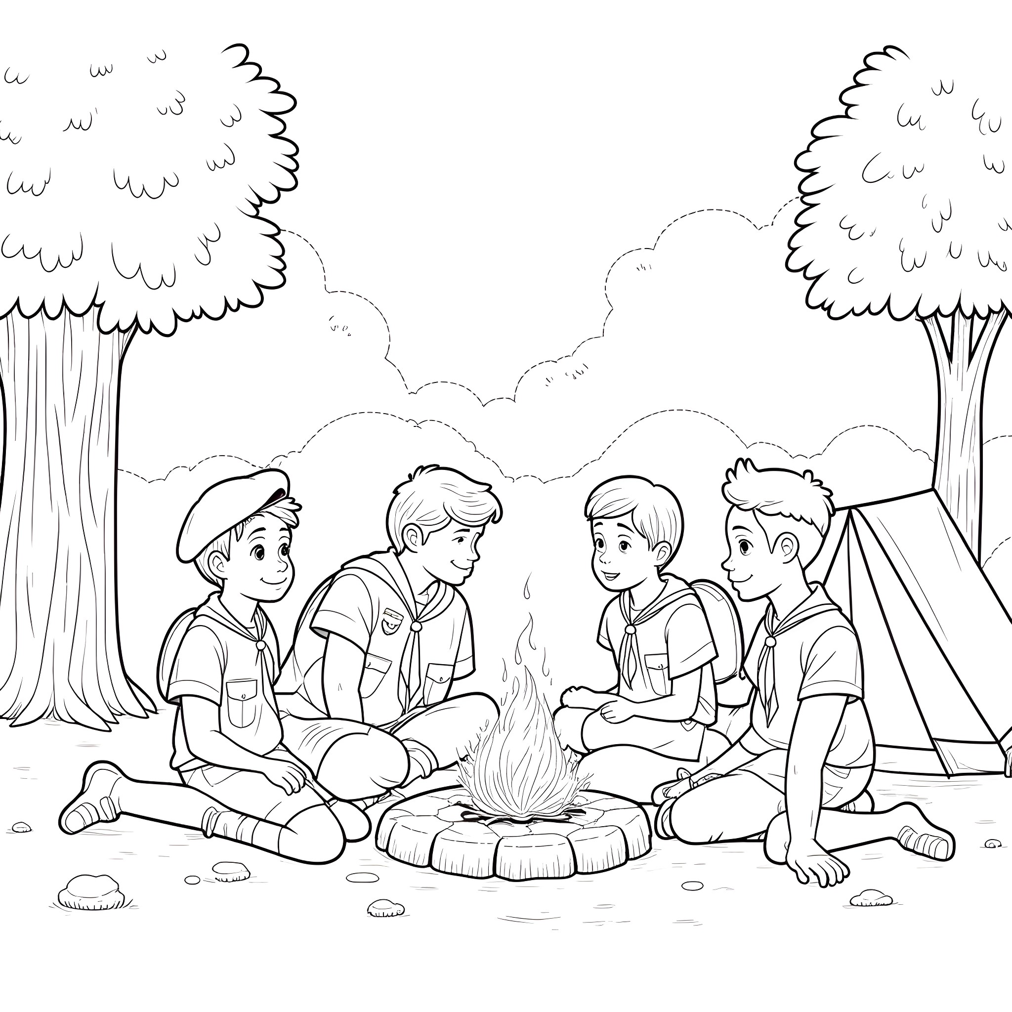 Cubscouts gathering around campfire in the forest Coloring Page (free black-and-white line drawing printable PDF for all, from beginners to advanced learners, including children, teens, adults, and seniors)