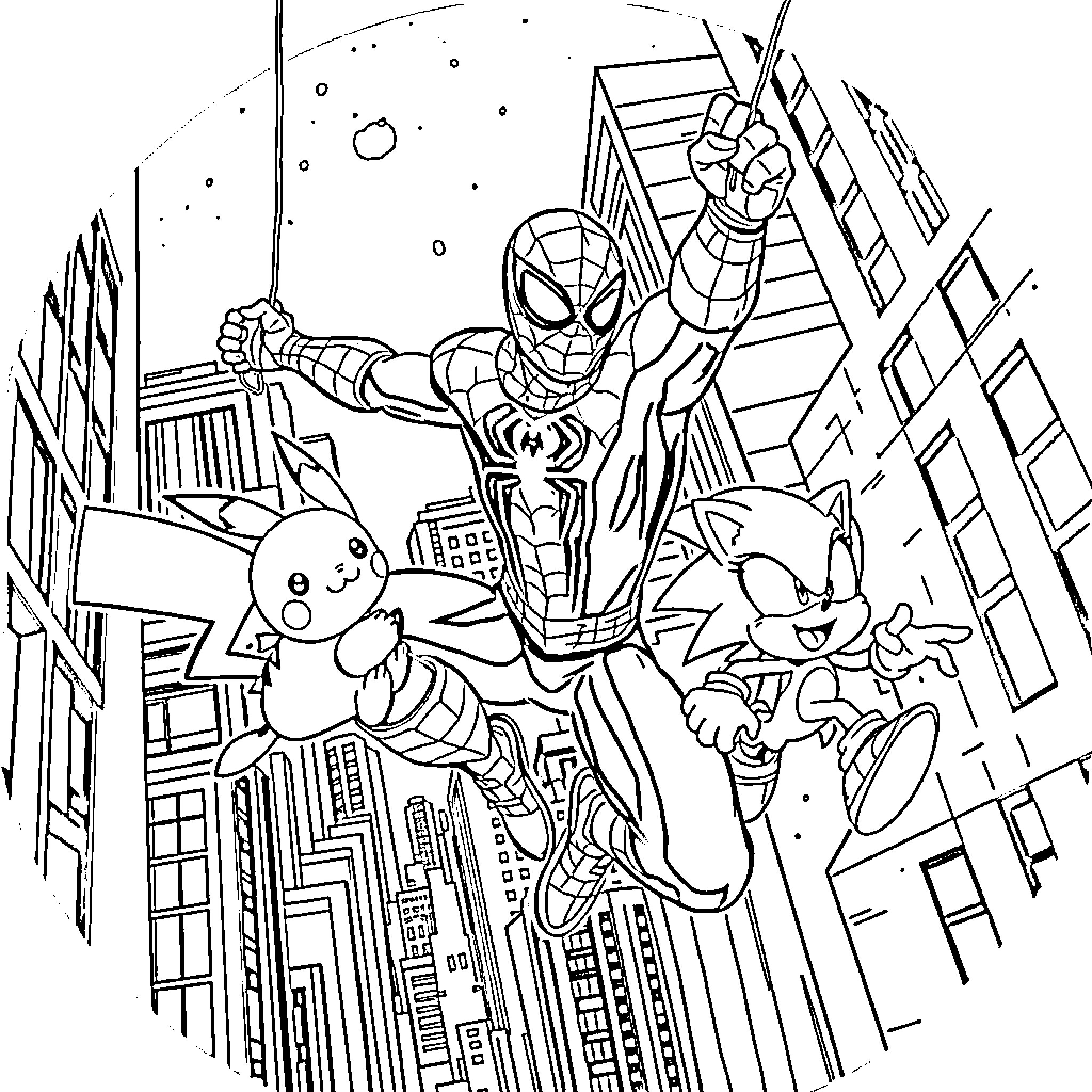 Spider-Man swinging through the city with friends Coloring Page (free black-and-white line drawing printable PDF for all, from beginners to advanced learners, including children, teens, adults, and seniors)