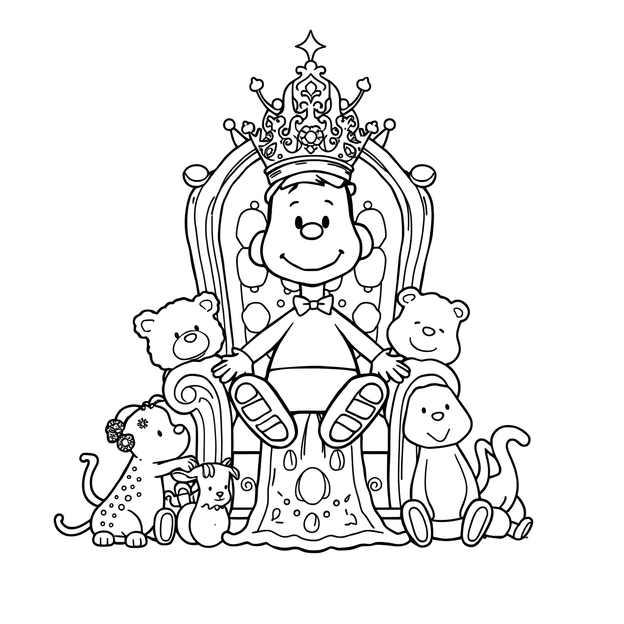 Mr Peanut crowned as a king with animal friends Coloring Page (free black-and-white line drawing printable PDF for all, from beginners to advanced learners, including children, teens, adults, and seniors)