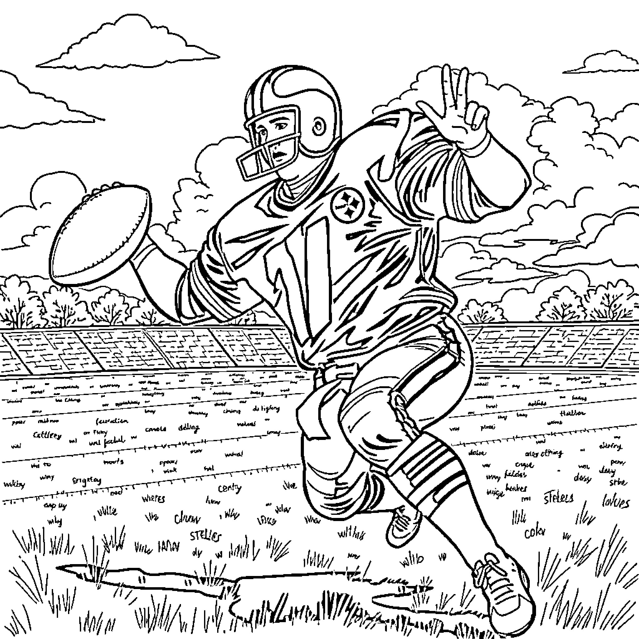 Babe Ruth playing football in the field Coloring Page (free black-and-white line drawing printable PDF for all, from beginners to advanced learners, including children, teens, adults, and seniors)